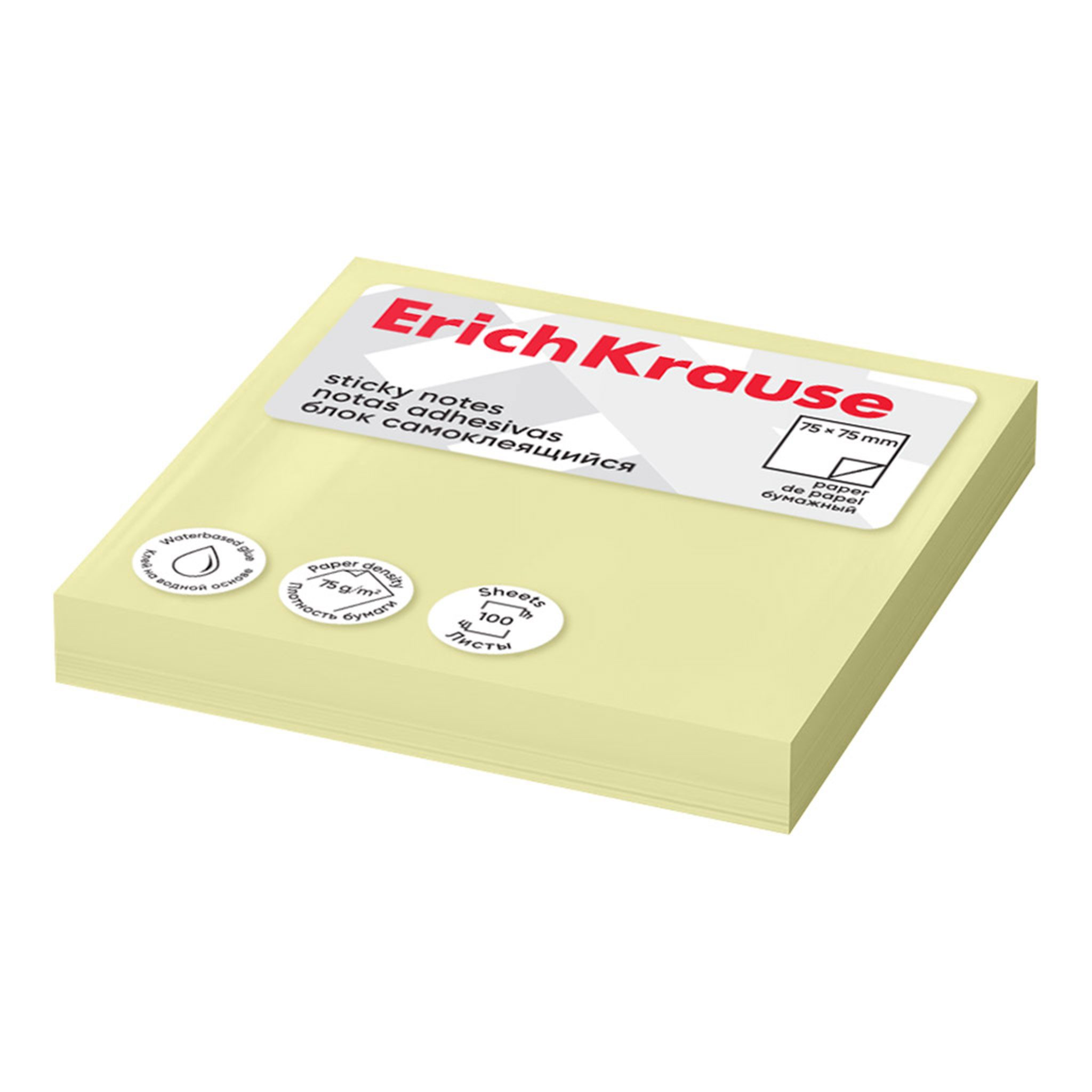 Erich Krause Haftnotizblock, Haftnotizen 75x75mm Pastell wiederablösbar 100 Blatt Gelb