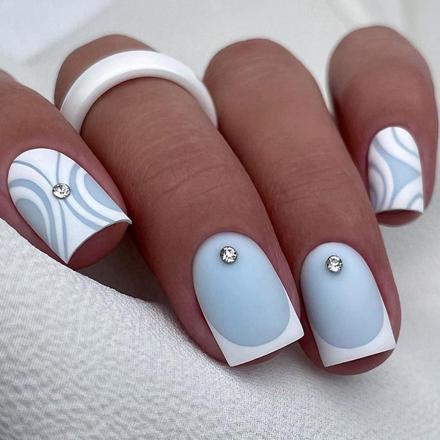 LuxusKollektion Kunstfingernägel Nägel Kurz Eckig 24 Gefrostet French Hellblau Nagelkleber E