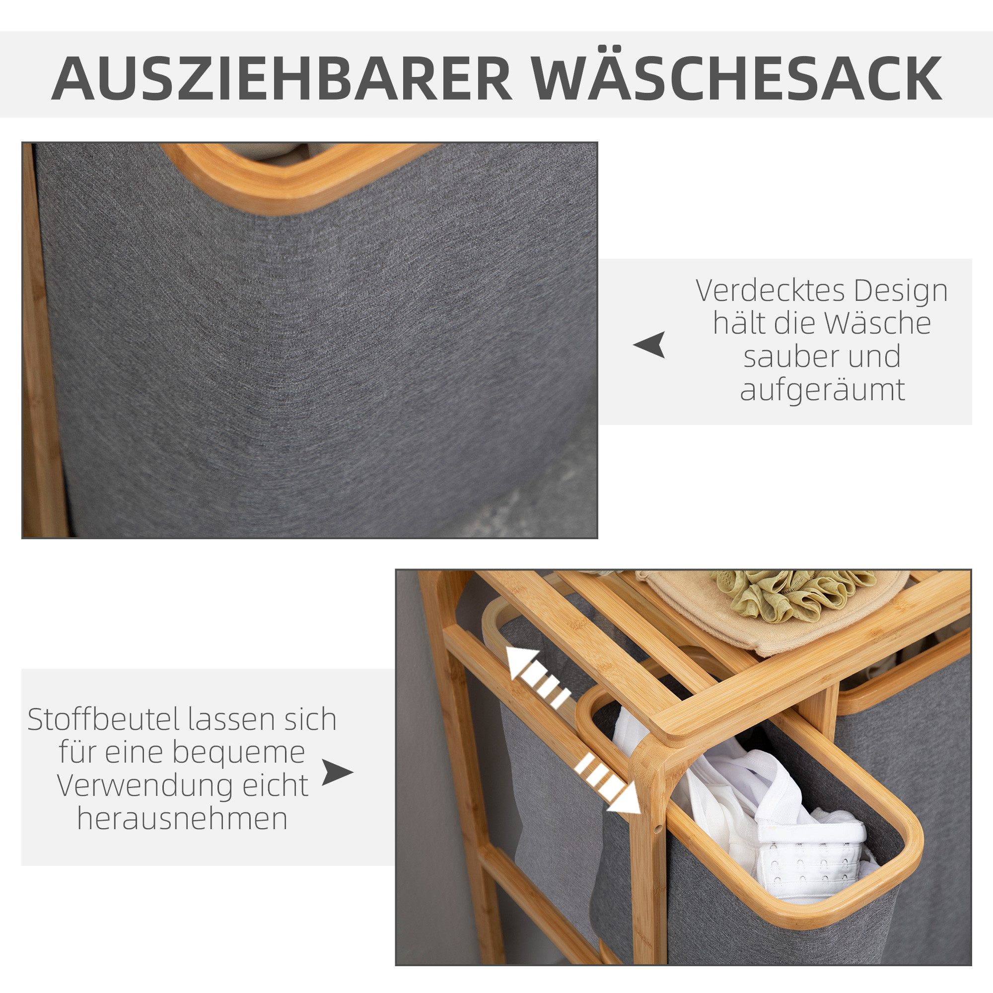 HOMCOM Wäschekorb mit Plattform Wäschesammler mit 3 abnehmbaren Wäschesacke (Wäschesortierer, 1 St., Wäschebox), Bambus Grau+Natur 50 x 32 x 69.7 cm – Bild 5 von 5