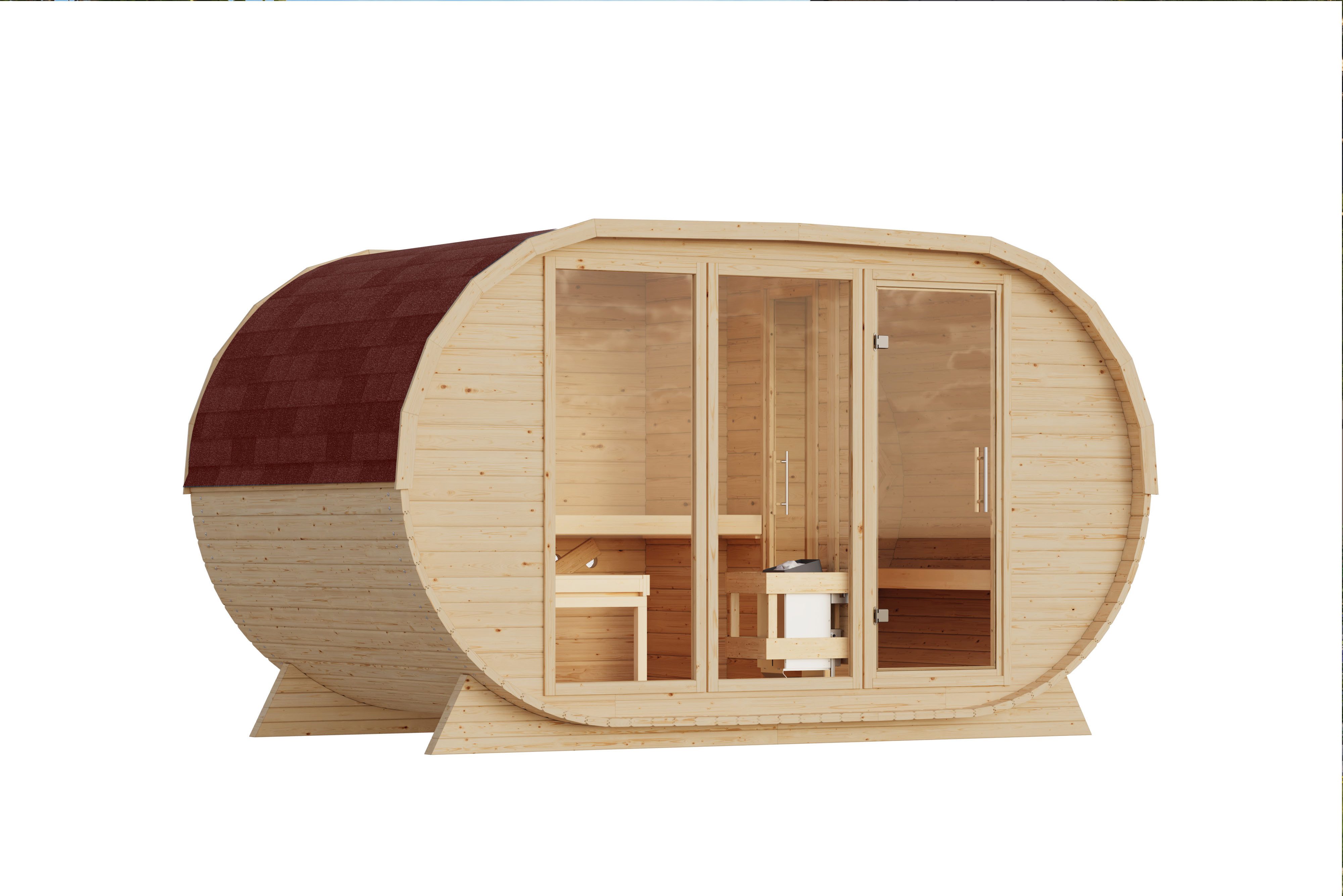 Karibu Fasssauna breit, BxTxH: 400 x 220 x 229 cm, 38 mm, verschiedene Varianten