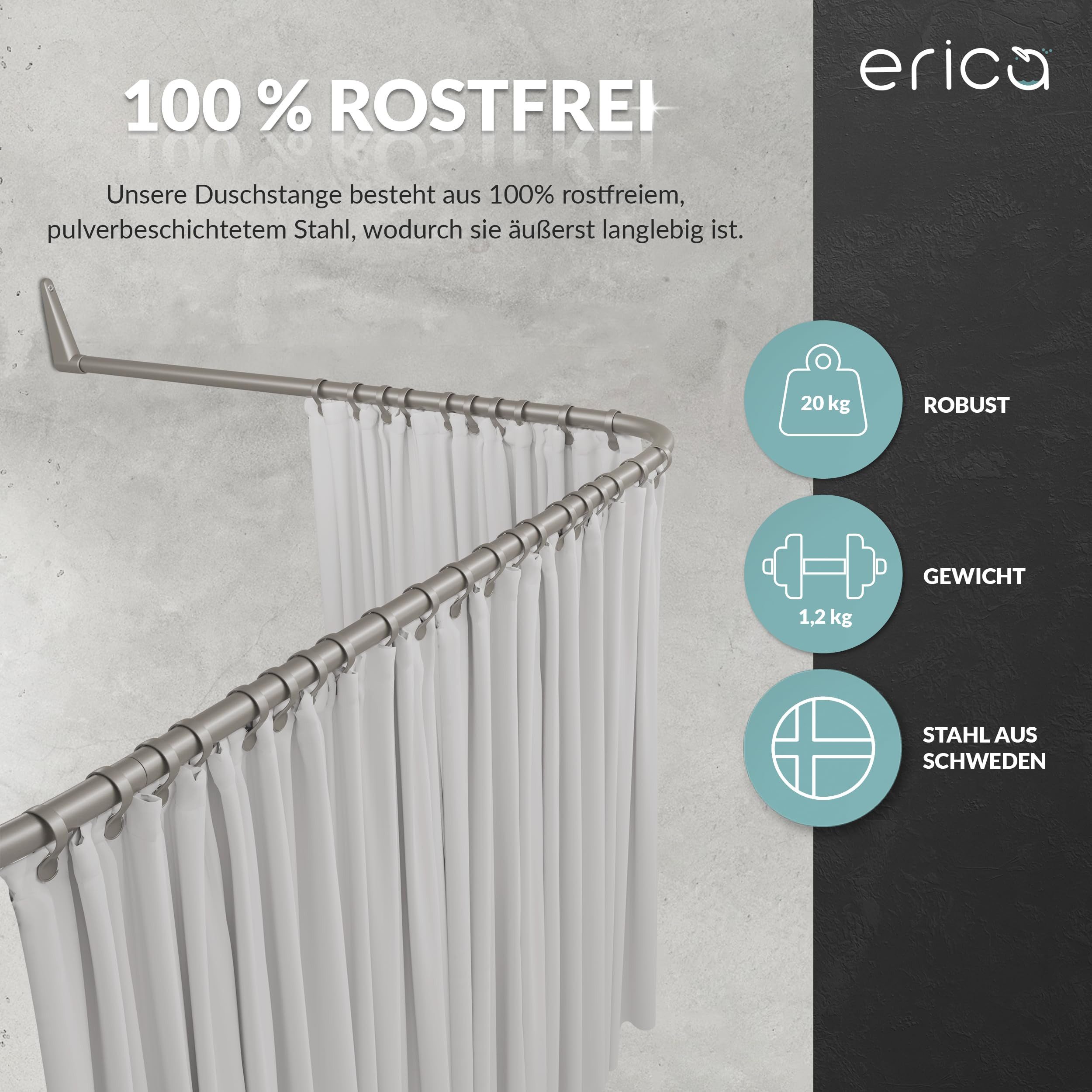 Erica Duschvorhangstange Winkelstange Dusche 85x95x85 cm, Duschstange für Vorhang, Pulverbeschichteter Stahl, 100% Rostfrei – Bild 5 von 5