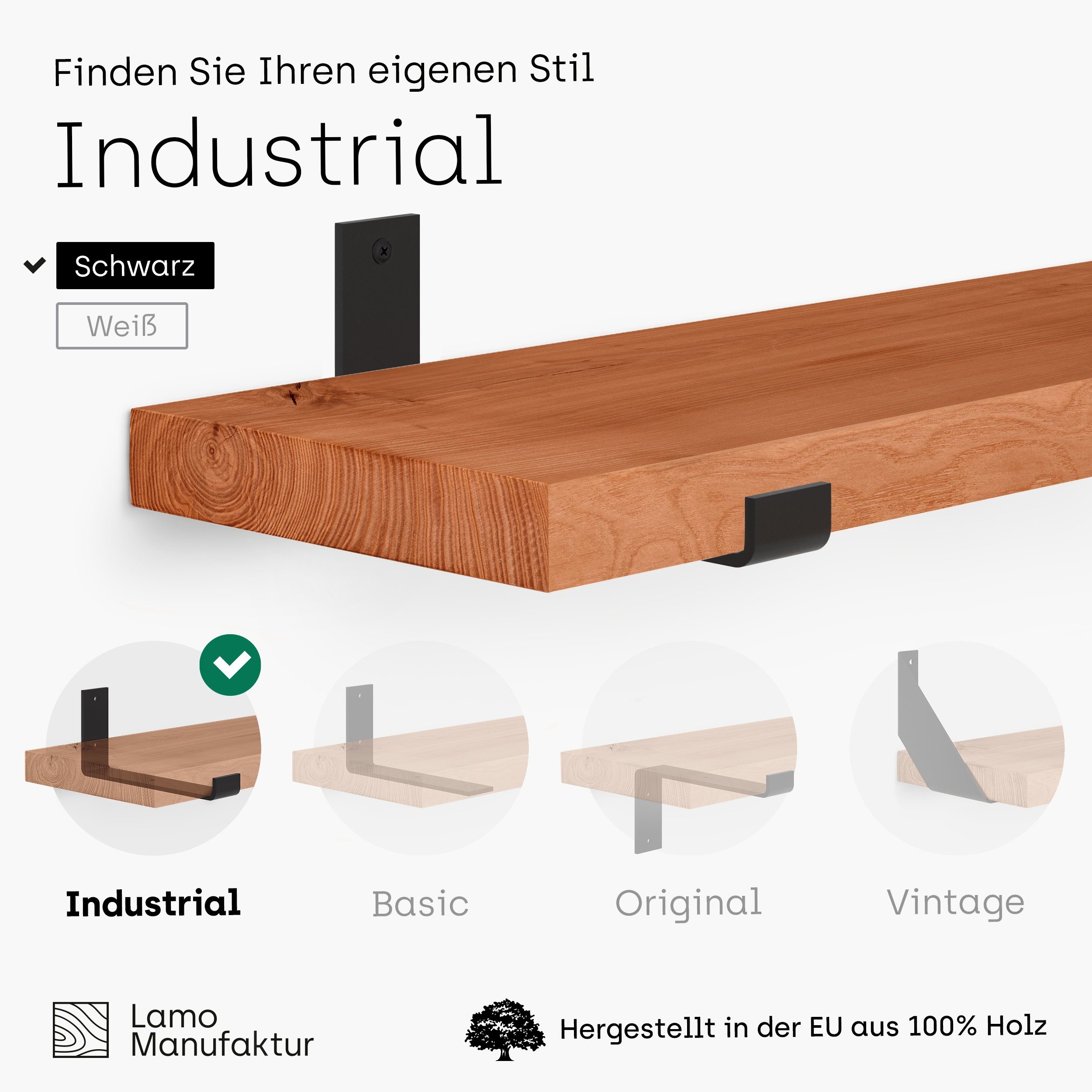 Wandregal Komplett-Set, Manufaktur Dunkel stake Industrial, LAMO 40mm Massivholzplatte