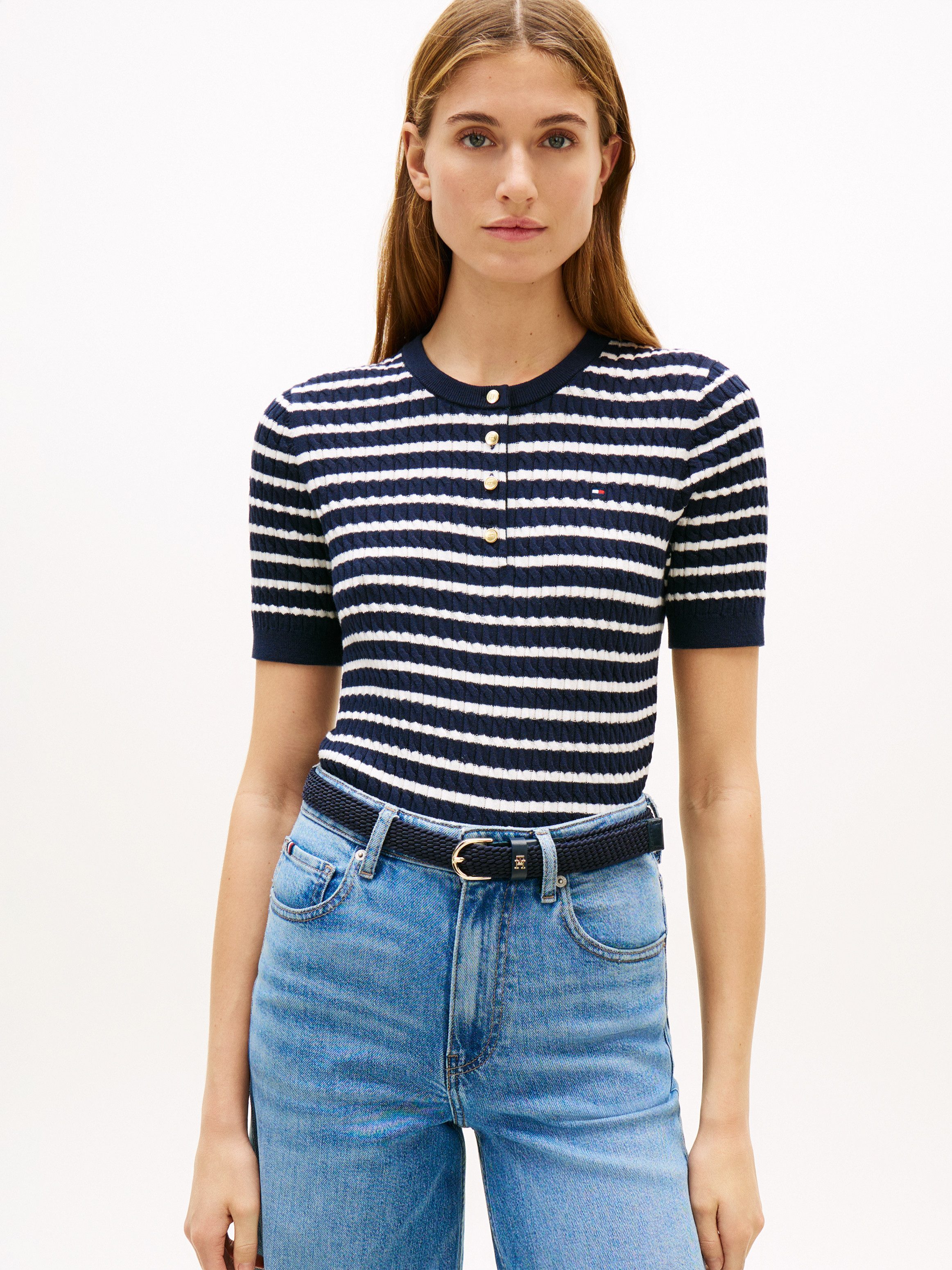 Tommy Hilfiger Strickpullover CO CABLE FINE GG SS HENLEY mit Zopfmuster günstig online kaufen