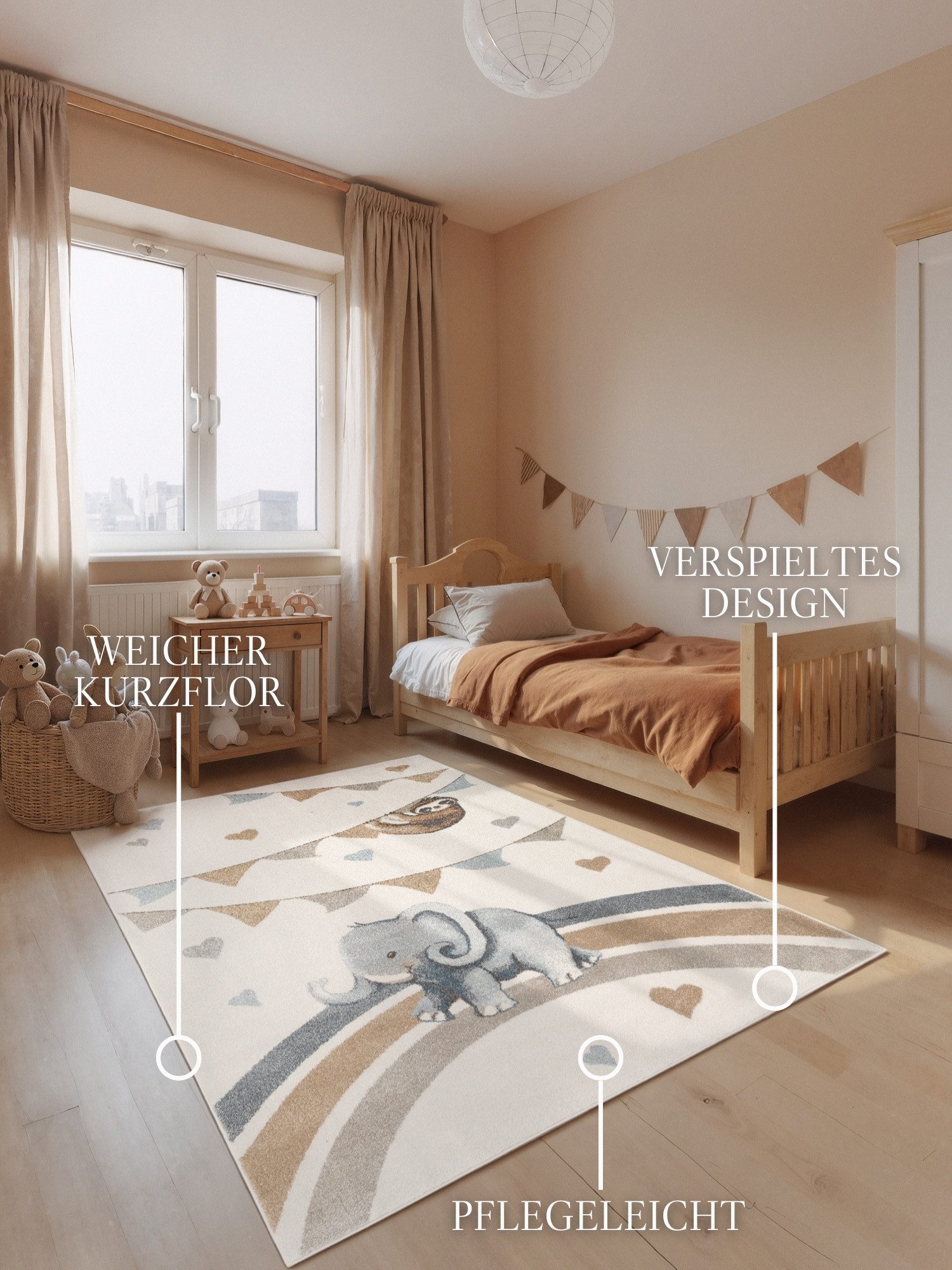 Villeroy & Boch Kinderteppich Walk like an Elephant Rainbow Party Teppich, rechteckig, Höhe: 9 mm, Spielteppich weich, Kinderzimmer, Boho Kids Spielunterlage, Tieremotiv