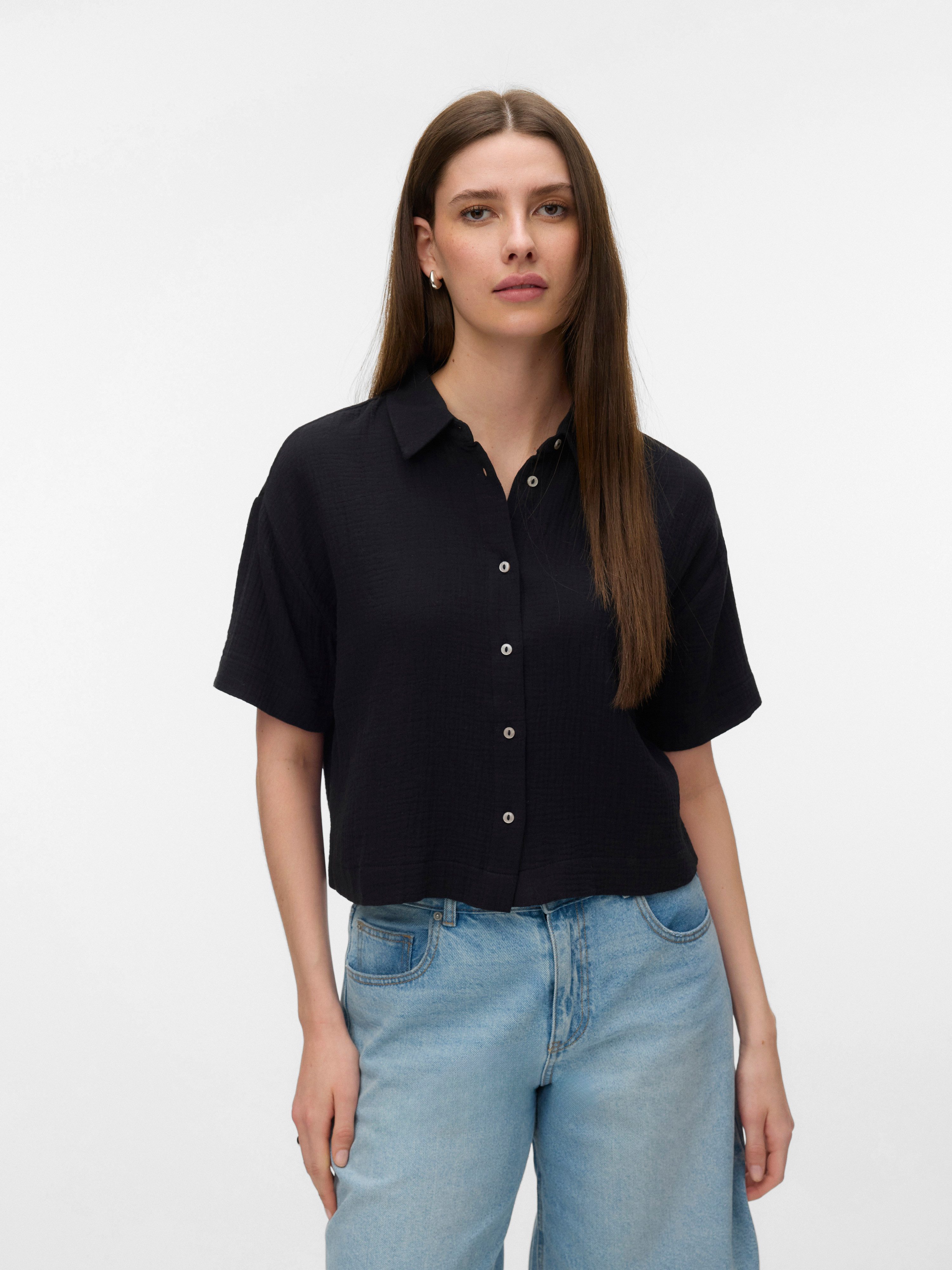 Vero Moda Kurzarmbluse VMNATALI SS CROP SHIRT WVN NOOS Baumwolle, verkürzte Form