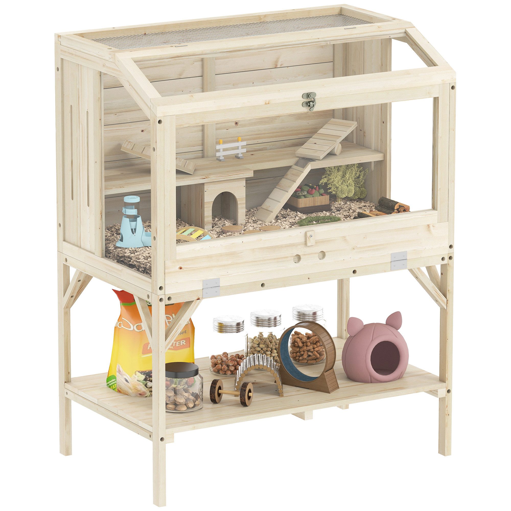 PawHut Kleintierkäfig mit Aufbewahrungsfach, Zubehör, für Hamster, Zwerghamster, 84x53x110 cm, Naturholz