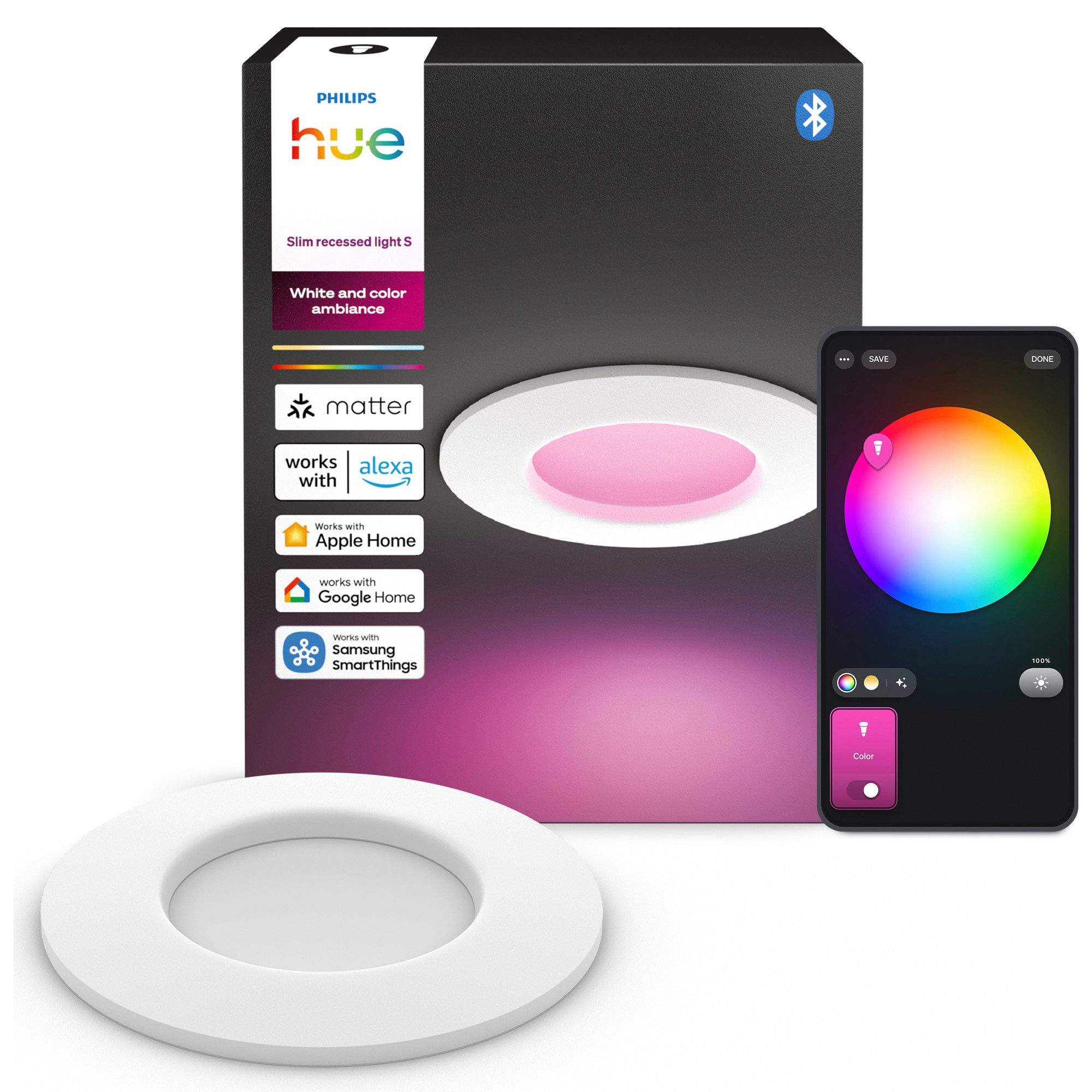 Philips Hue LED Deckenspot Slim Downlight Einbauleuchte, Abschaltautomatik, Bluetooth, CCT - über Fernbedienung, Dimmer, Dimmfunktion, Farbsteuerung, Farbwechsel, Leuchtdauer einstellbar, Memoryfunktion, Nachtlichtfunktion, RGB, Smart Home, Timerfunktion, Weckerfunktion, dimmbar über Fernbedienung, erweiterbar, getrennt schaltbar, mehrere Helligkeitsstufen, LED fest integriert, RGB, 1000–20000K, auf 0,2% dimmbar, App‑ & Sprachsteuerung