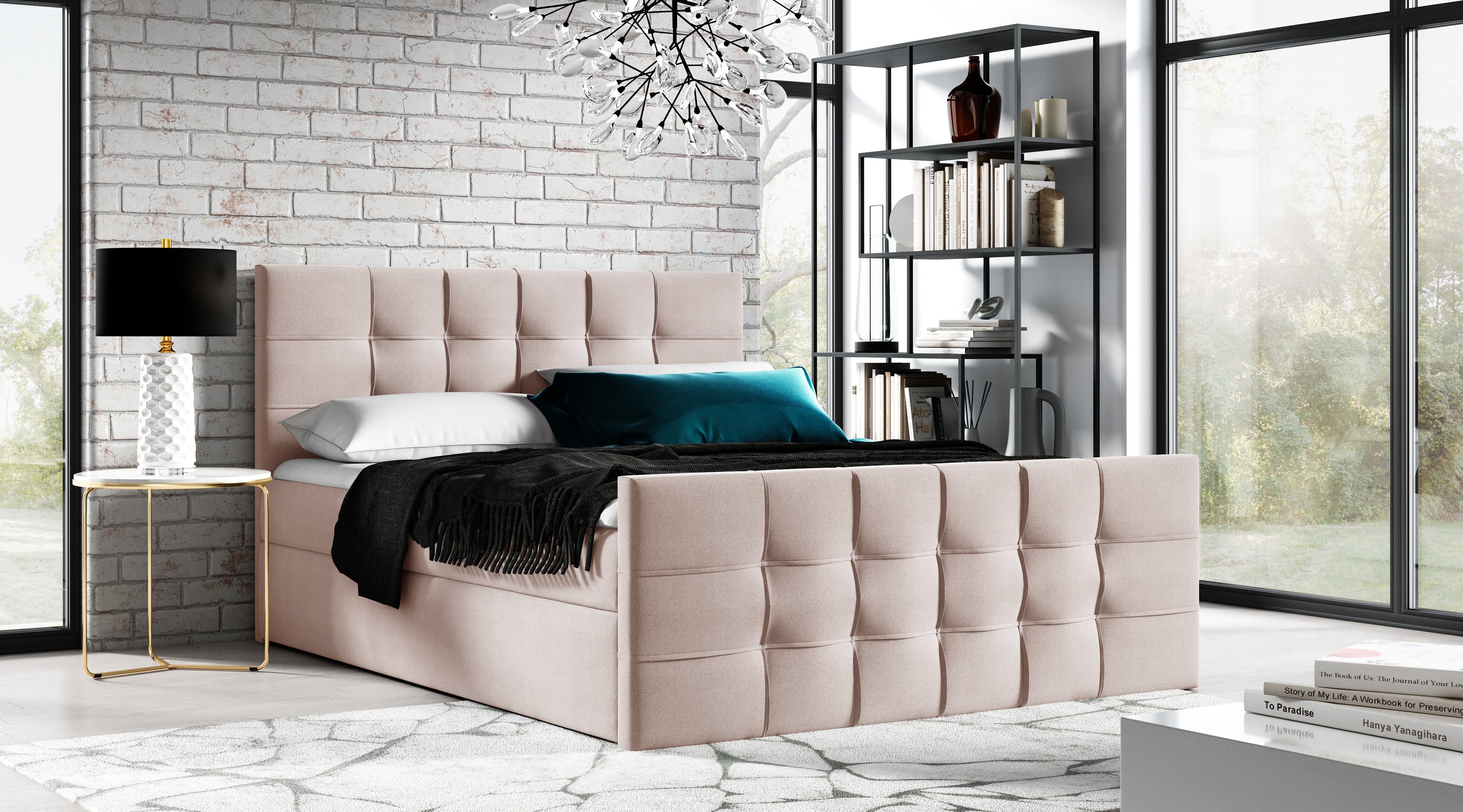 AN-MOEBEL4U Boxspringbett KARO (Schlafzimmerbett), und Kaltschaum-Topper Bonellfederkernmatratze rosa Bettkasten, inkl