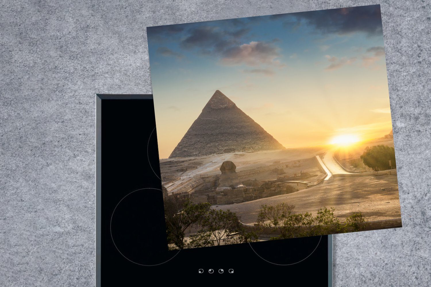 Ägypten, für (1 der Arbeitsplatte tlg), Herdblende-/Abdeckplatte MuchoWow Sonnenuntergang Kairoer Pyramide 78x78 neben Vinyl, - Ceranfeldabdeckung, cm, küche