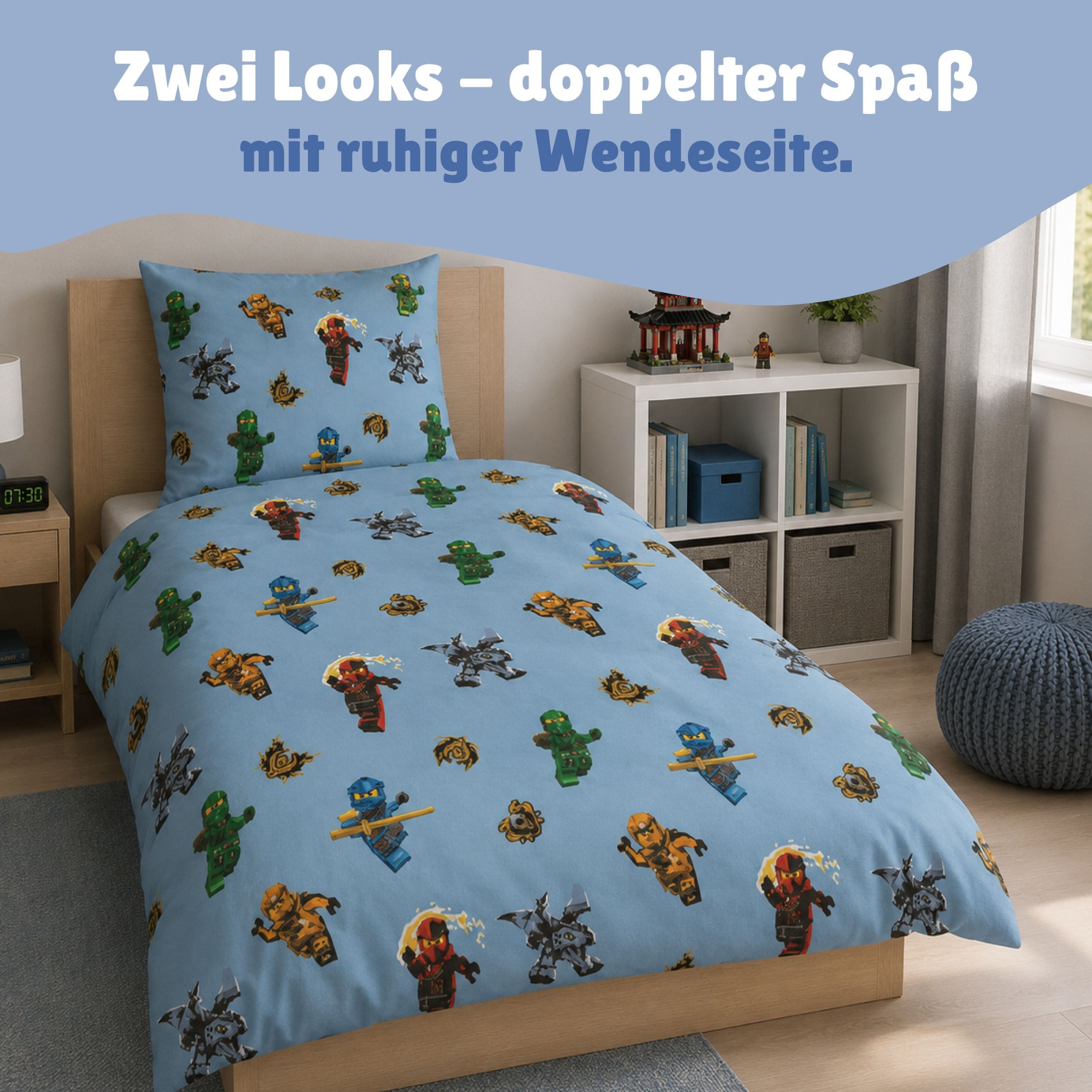 Familando Kinderbettwäsche Lego Ninjago Blau mit Lloyd Jay Kai uvm. aus 100% Baumwolle, Renforcé, 2 teilig, 135x200 80x80cm, Wendebettwäsche – Bild 4 von 5