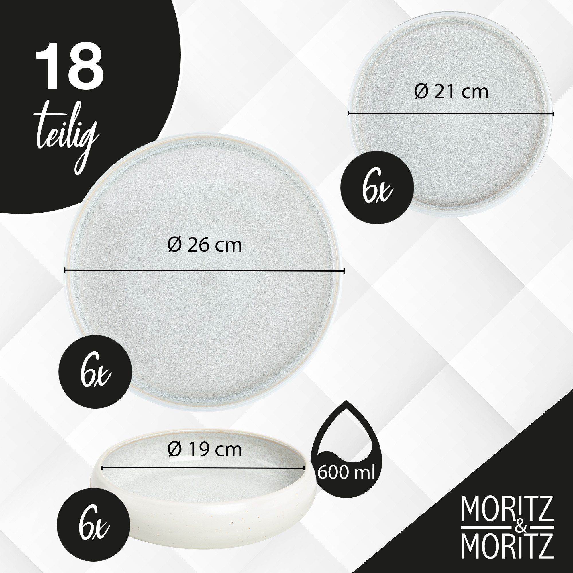 Moritz & Moritz Tafelservice SOLID UNI Geschirrset Creme (18-tlg), 6 Personen, Steinzeug, Kombigeschirr für 6 Personen