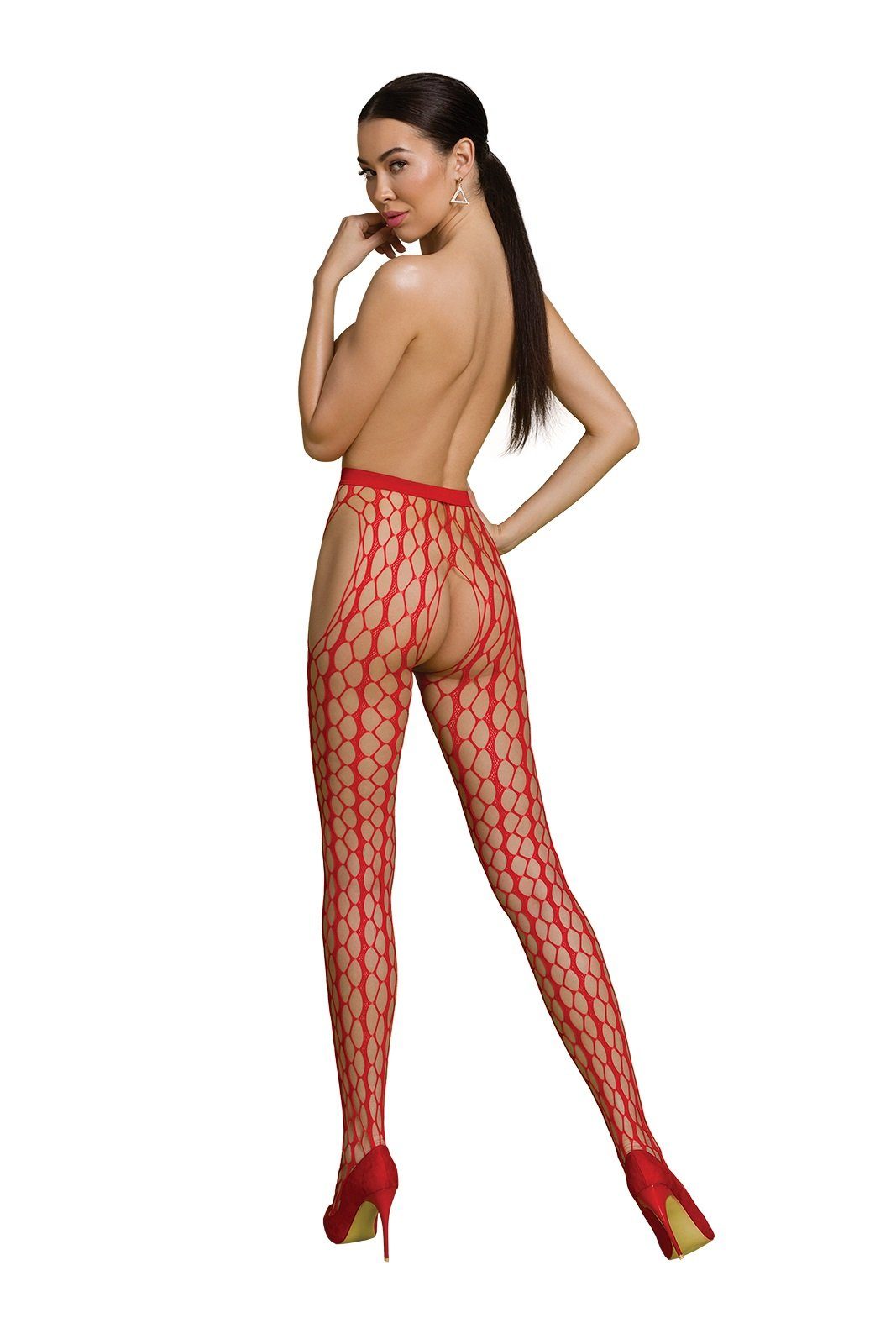 Passion Strapsstrümpfe Strapsstrümpfe rot Ouvert-Strumpfhose Netz elastisch (1-Paar)