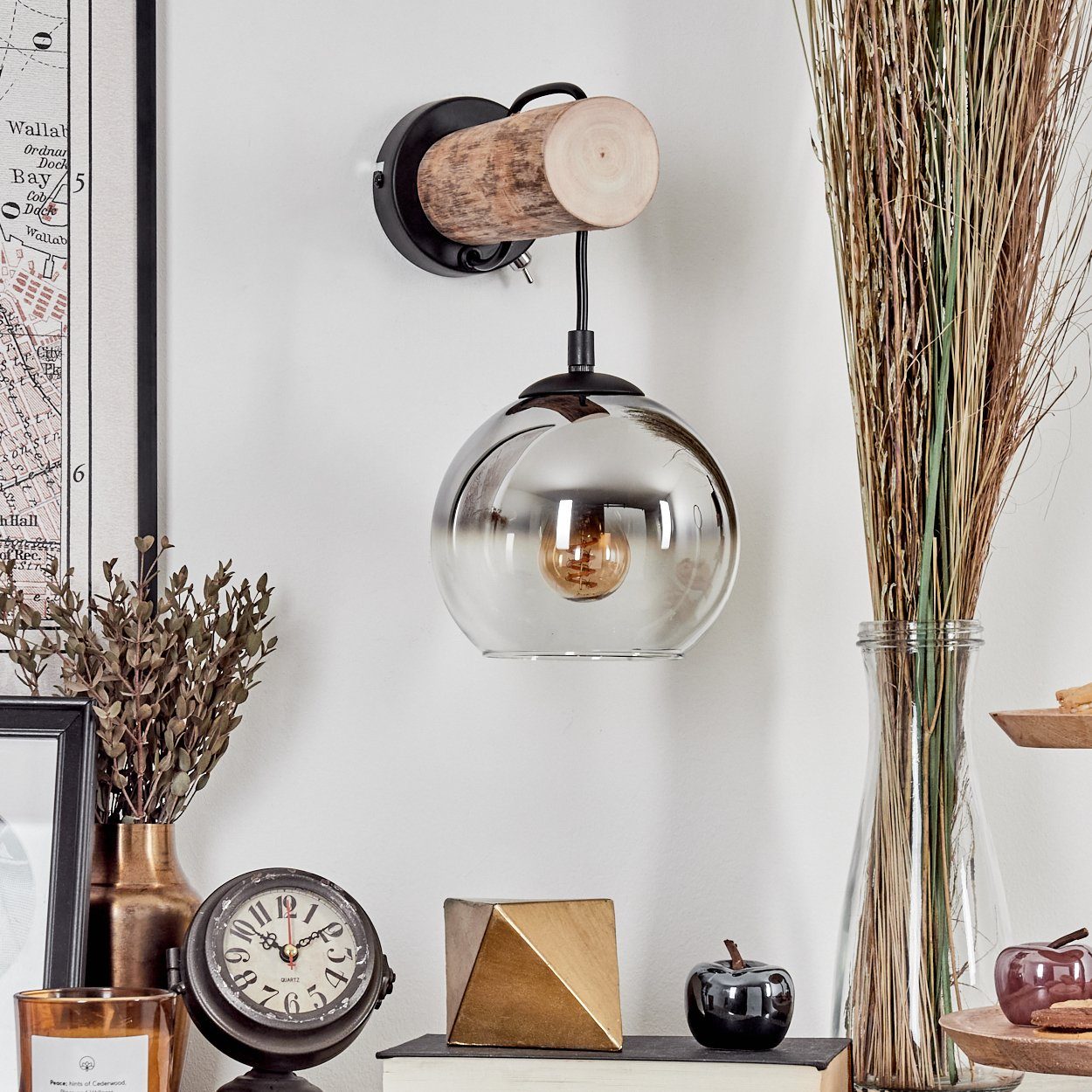 hofstein Wandleuchte Wandlampe aus Metall/Holz/Glas in Schwarz/Natur/Chrom/Klar, ohne Leuchtmittel, Leuchte mit Glasschirm, An/-Auschalter, 1xE27, ohne Leuchtmittel