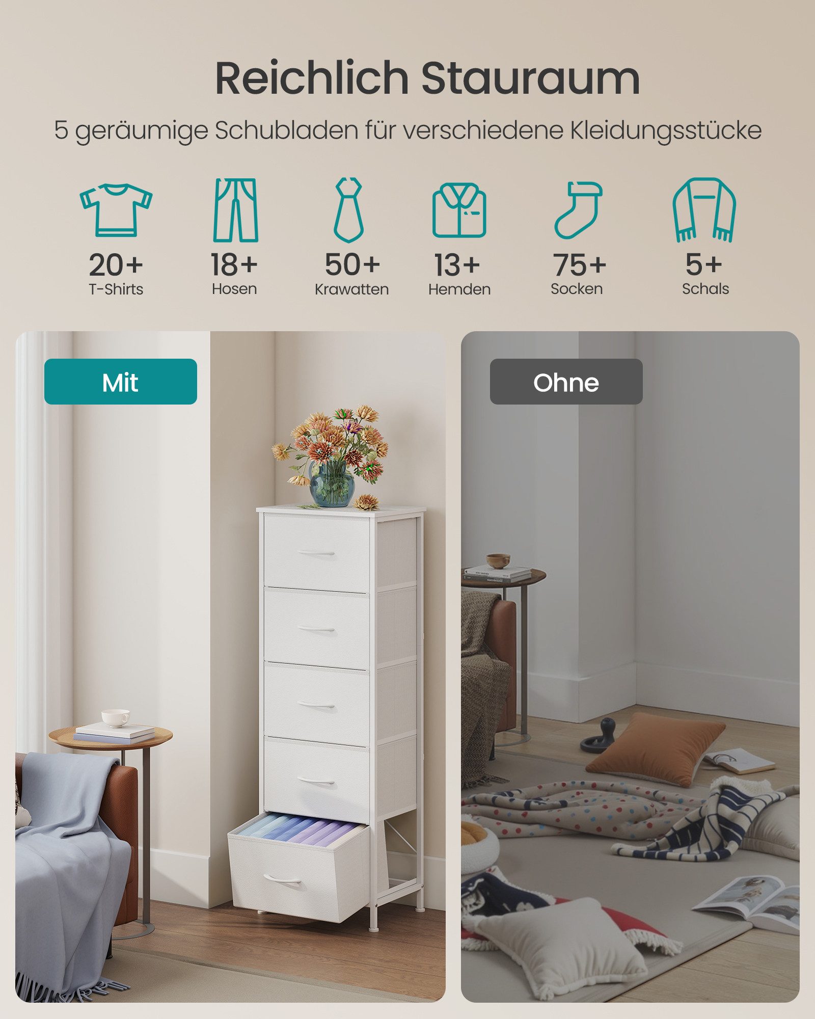 SONGMICS Kommode Schrank, Aufbewahrungsschrank, für Schlafzimmer, Flur, Wohnzimmer, Stahl, 5 Schubladen