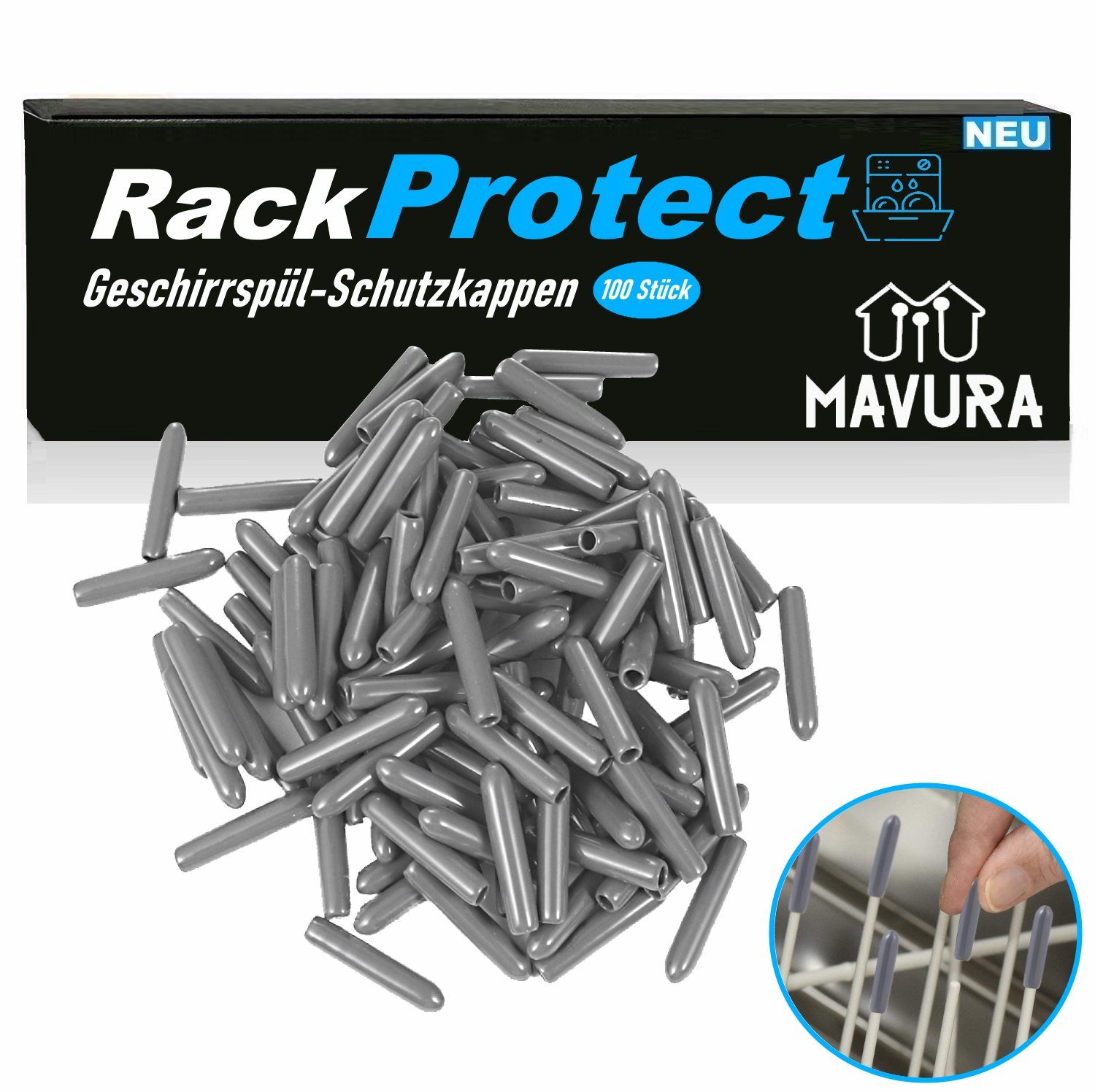 MAVURA Abdeckkappe RackProtect Spülmaschinen Gestell Abdeckkappen Universal, (Zinken Schutz Schutzkappen), Geschirrspüler Kappen Rostschutz [100erSet]