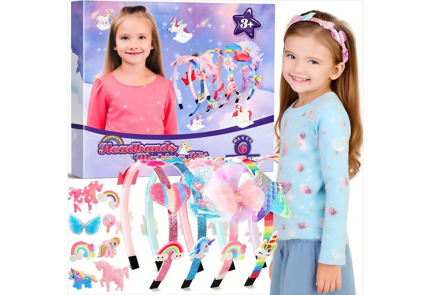 POPOLIC Haarreif Haarreifen Mädchen, Kreativset, Haarreifen Selber Machen Mädchen, 1-tlg., Mode Geburtstagsgeschenk für Mädchen, Einhorn, Haarschmuck Bastelset Kinder ab 4 5 6 7 8 9 Jahre