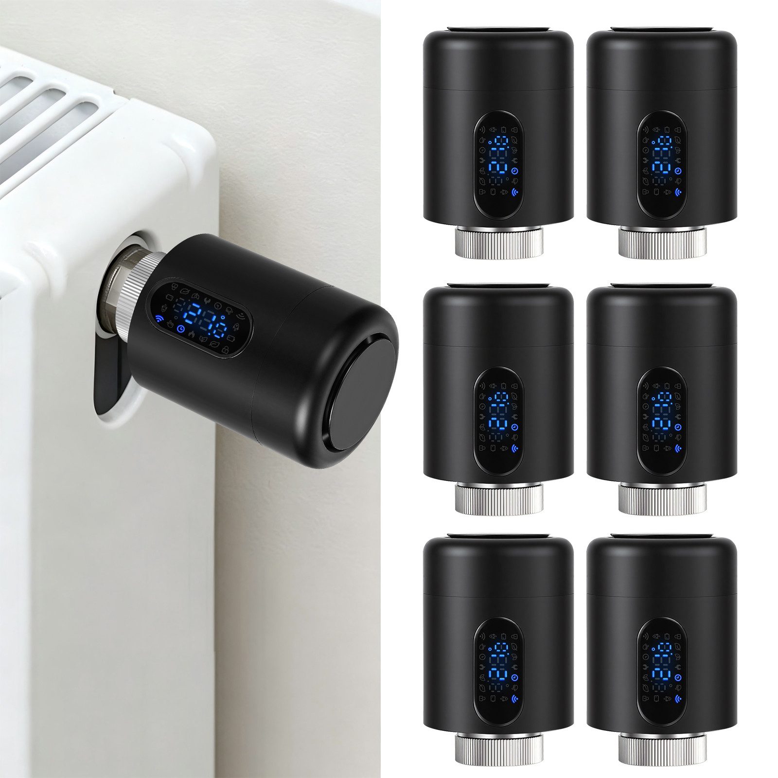 Clanmacy Heizkörperthermostat Smartes Thermostat WiFi, App-Steuerung, Smart Life/Tuya, Schwarz, 6er, (42 St)