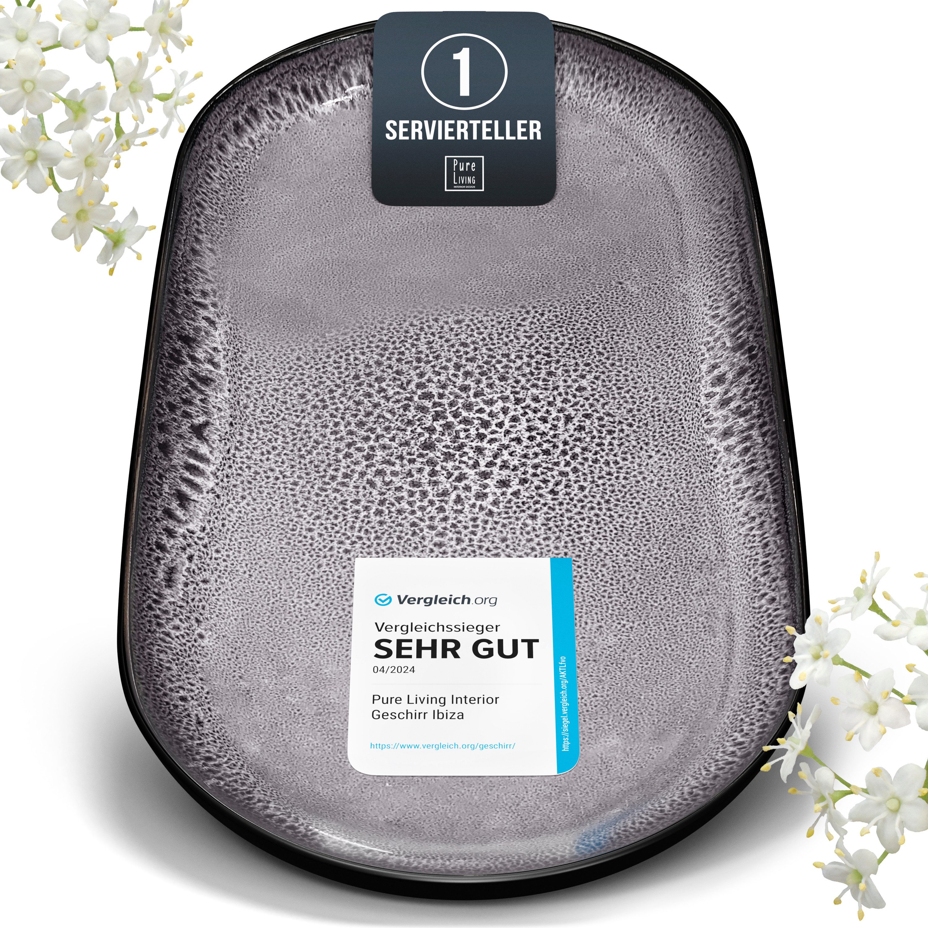 PURE LIVING INTERIOR DESIGN Geschirr-Set Servierplatte »Ibiza«, oval, Steingut, Grau (1-tlg), 1 Personen, Steingut