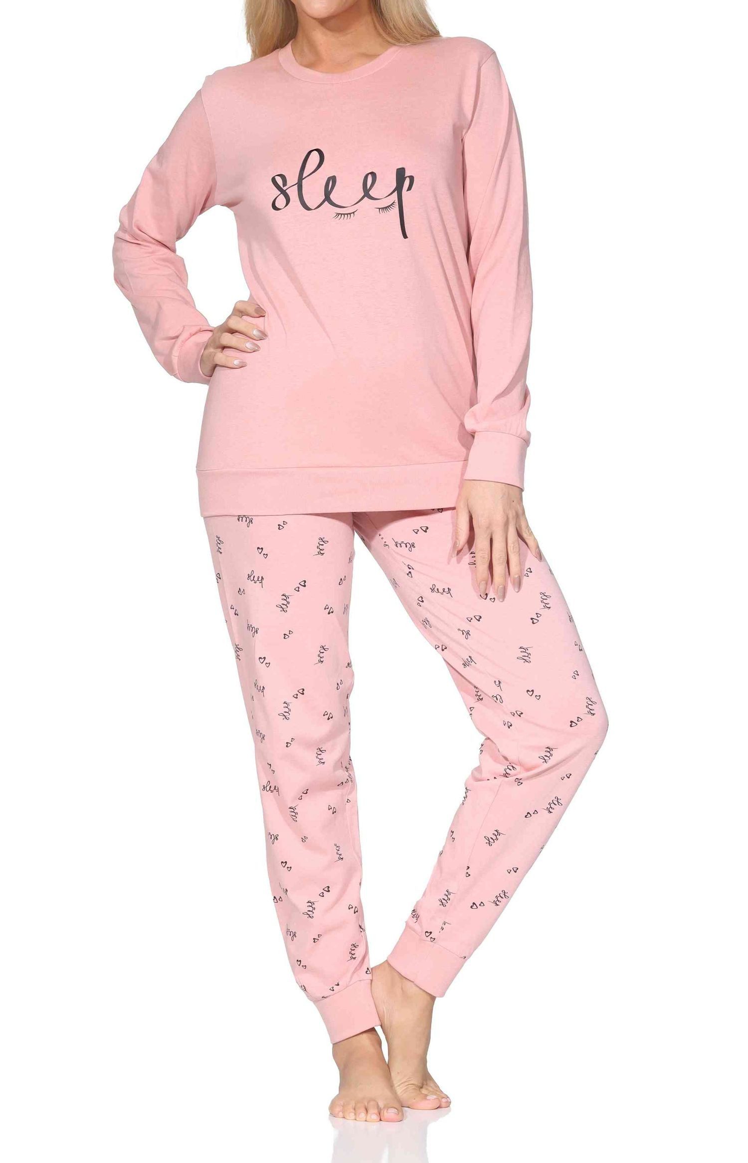 Normann Pyjama Normann Damen langarm Schlafanzug mit Bündchen Pyjama mit Frontprint
