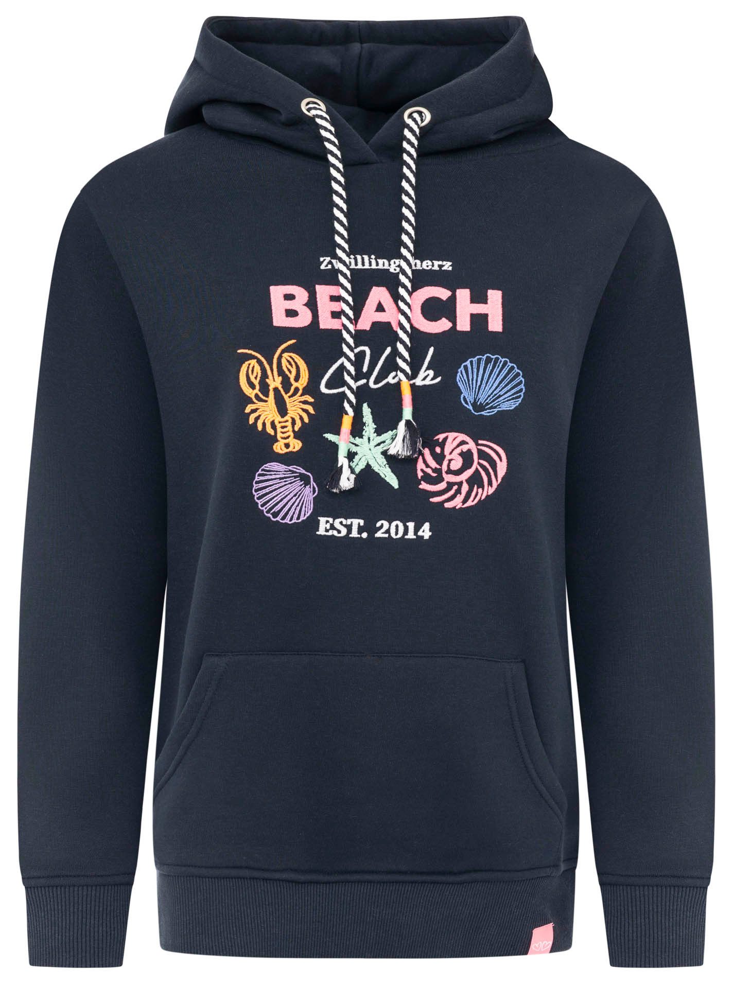 Zwillingsherz Hoodie "Beach Club" Muschel-Motiv, Kapuze mit bunter Kordel, Kängurutasche