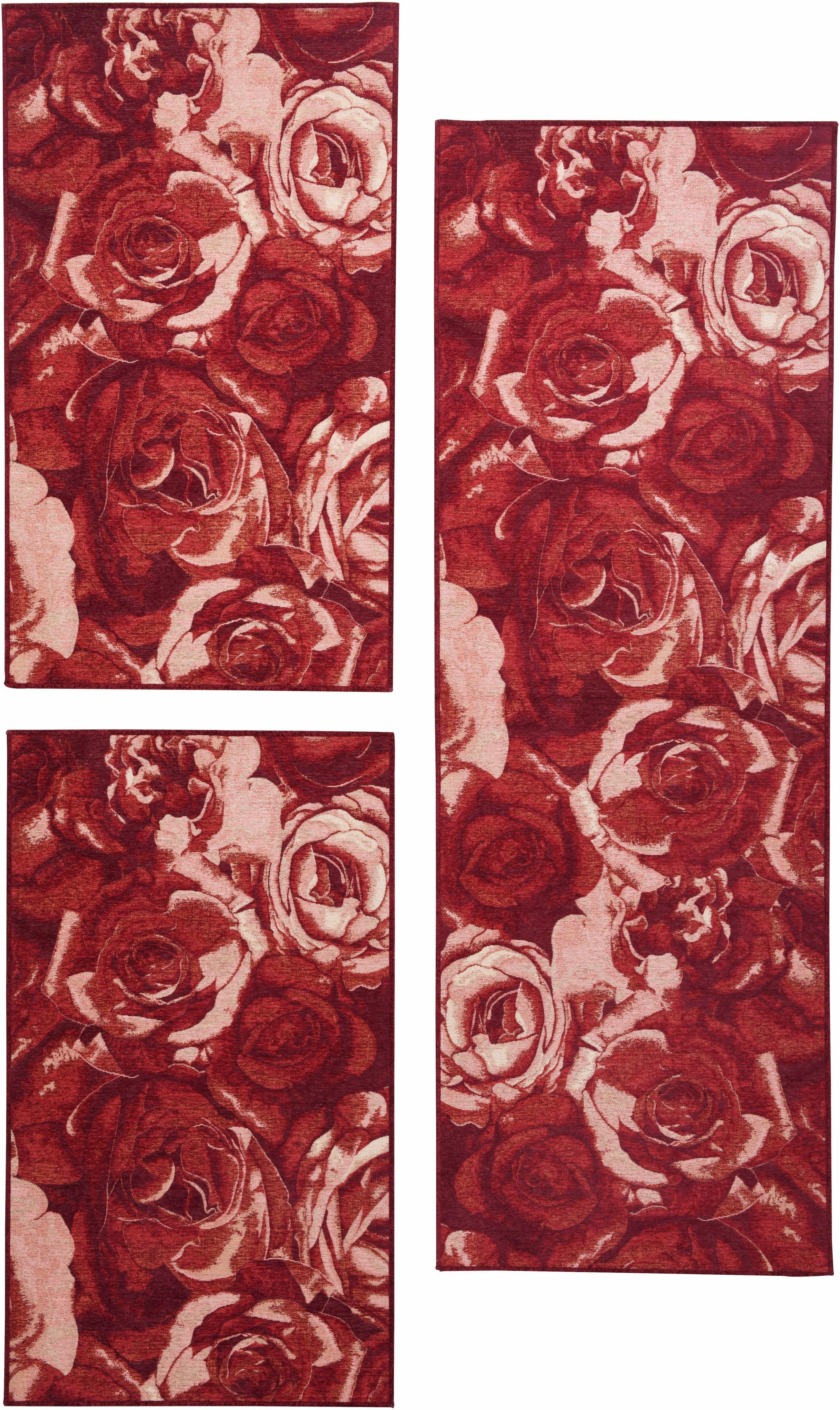 Bettumrandung »Flomi Rose« THEKO, Höhe 4 mm, (3-tlg), Bettvorleger, Läufer-Set für das Schlafzimmer, gewebt, Rosen Motiv-HomeTrends