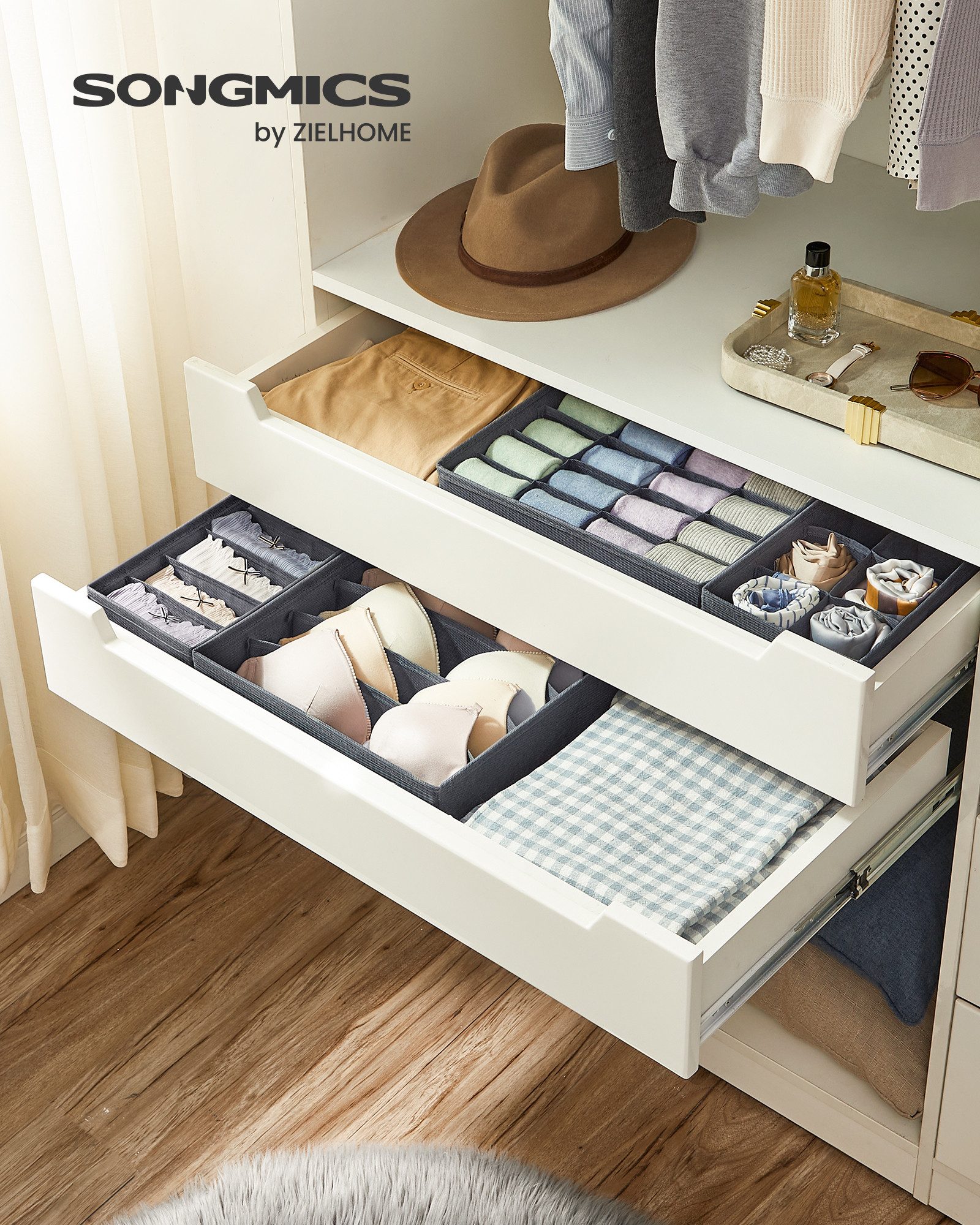 SONGMICS Aufbewahrungsbox Unterwäsche-Organizer, faltbar, Stoffboxen, für BHs Socken Krawatten (4 St), 4 Stück, Ordnungssystem Kleiderschrank, Aufbewahrungsbox Schrank