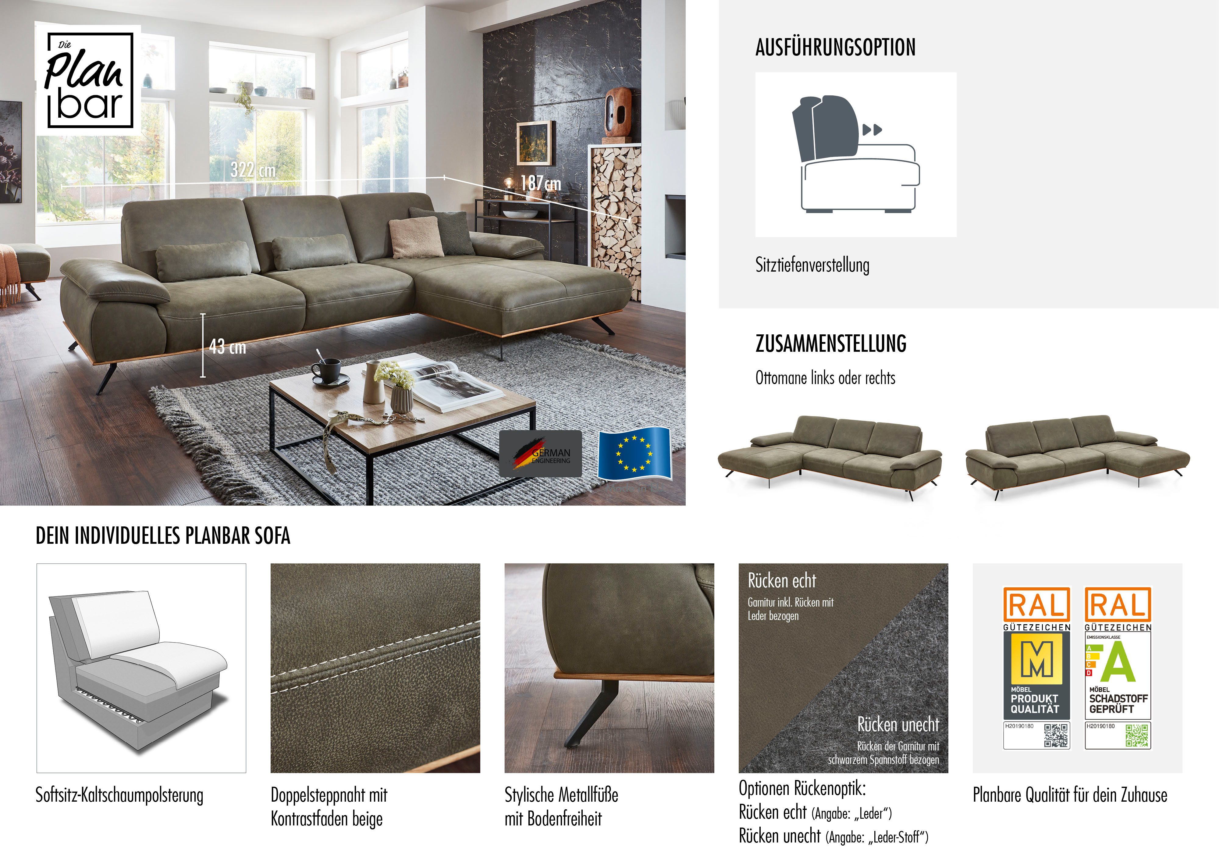 Die PlanBar Ecksofa PN-EM18063 L-Form, wahlweise mit echt bezogenem Rücken und Sitztiefenverstellung