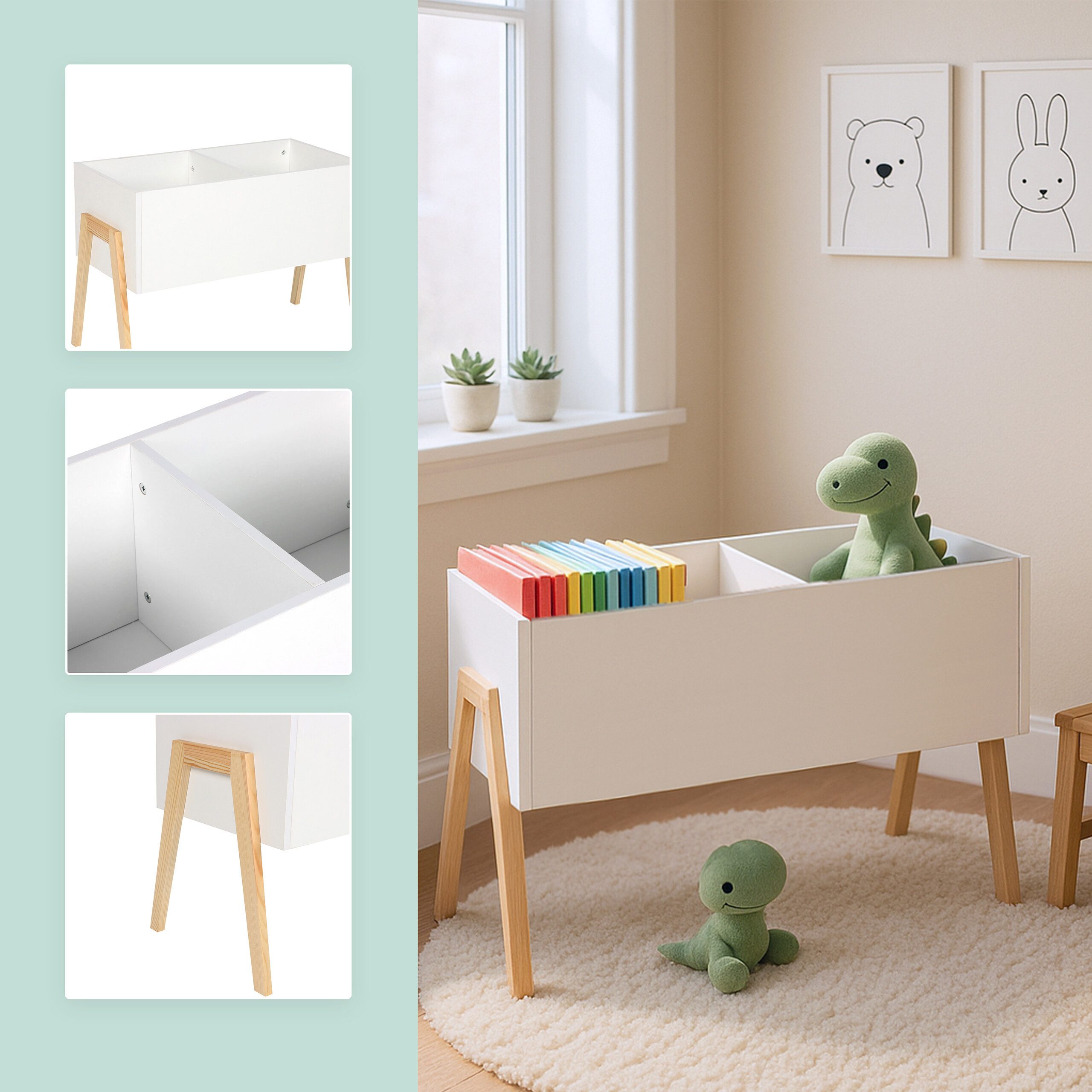 relaxdays toy chest, children's chest with wooden legs, white