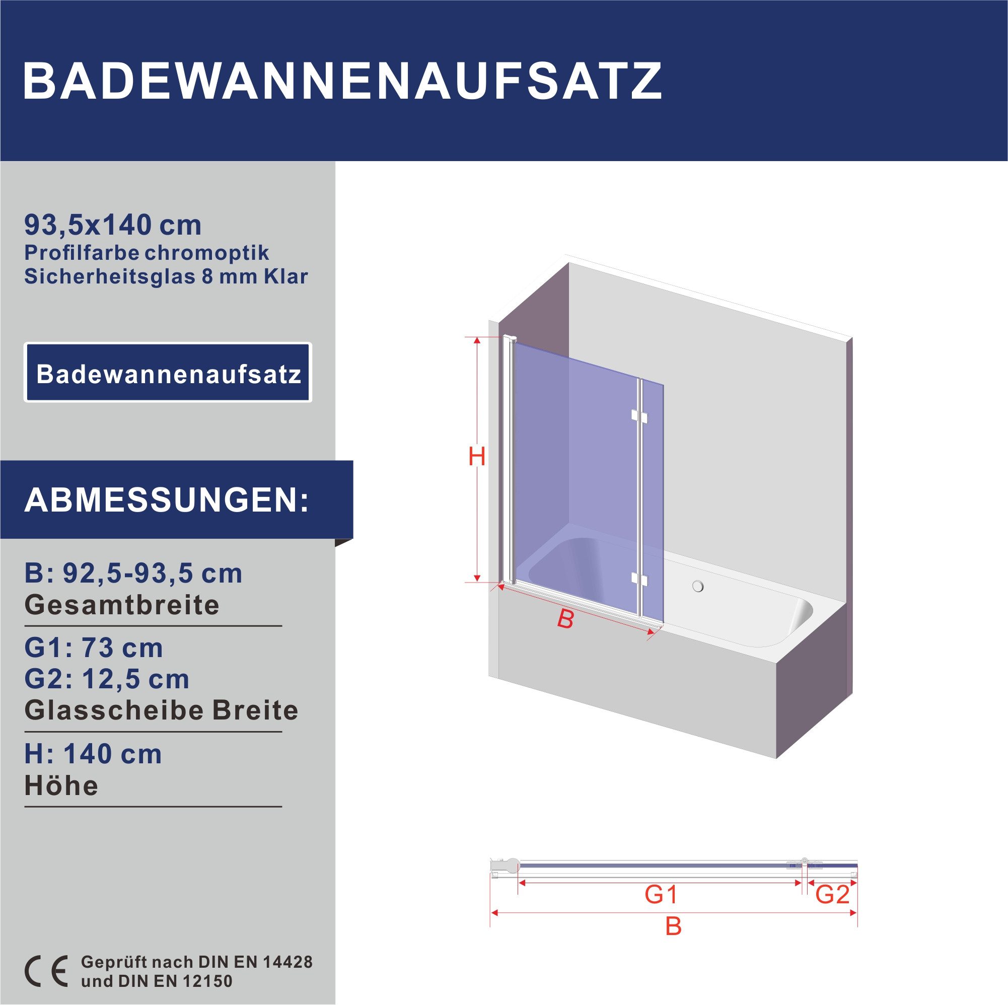 AQUABATOS Badewannenaufsatz Badewannenfaltwand 2-teilig Duschtrennwand für Badewanne L-förmiger, Sicherheitsglas, 8mm Badewannenaufsatz mit Spritzschutzglas,Klarglas,Bohrinstallation