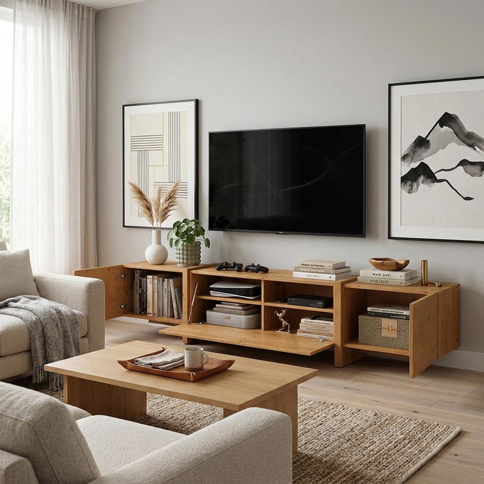 IDIMEX Lowboard LEILA, TV Lowboard 220 cm aus Massivholz mit viel Stauraum Eiche Finish