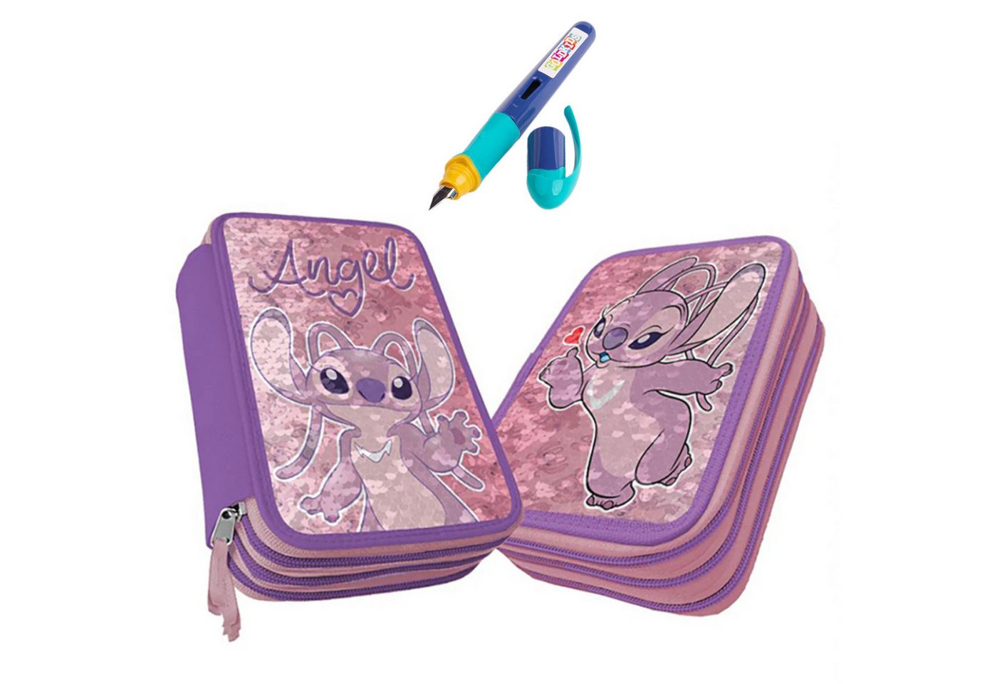 GOLDKIDS Federmäppchen 3 Fächer - Mäppchen für Mädchen -, (Federmappe 3-Fach Federtasche, Gefüllte Schüleretui Schulmäppchen und Füller), - Stitch