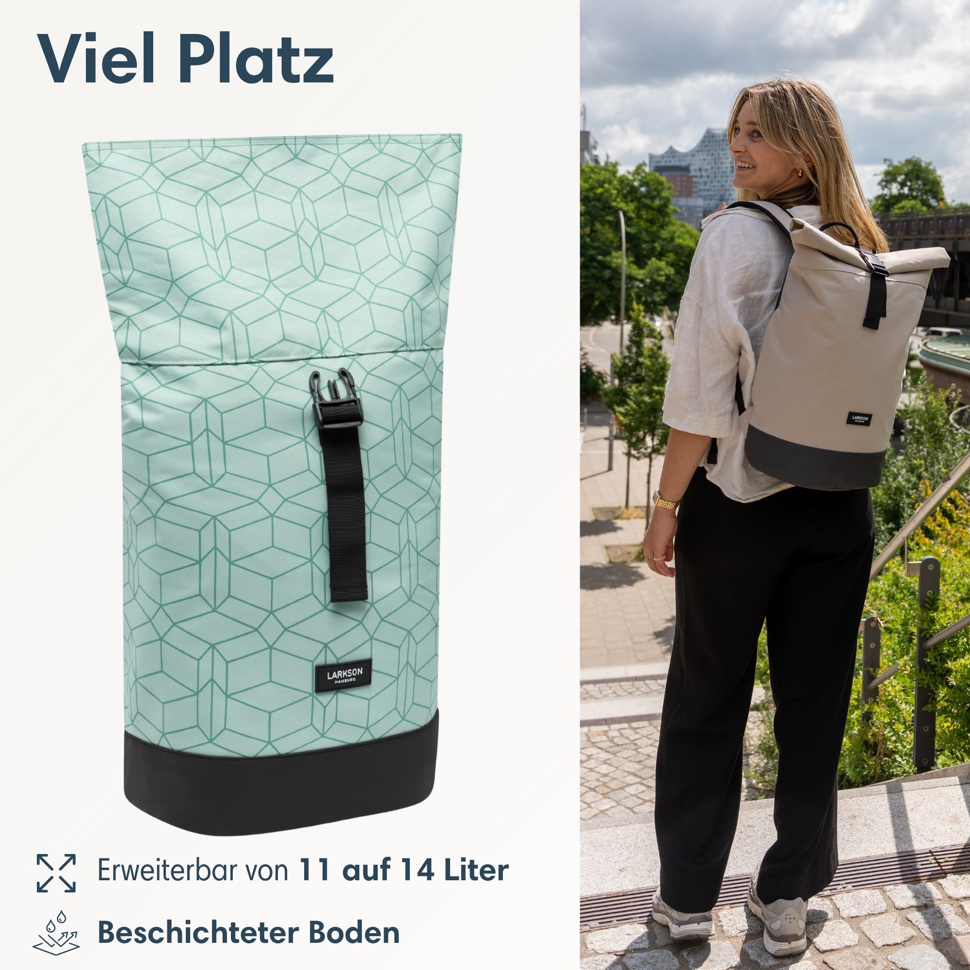 LARKSON Cityrucksack Janne Small Tagesrucksack 11-14 Liter für Damen & (1-tlg), Flexible Größe, Gepolstertes Laptopfach, Wasserabweisend
