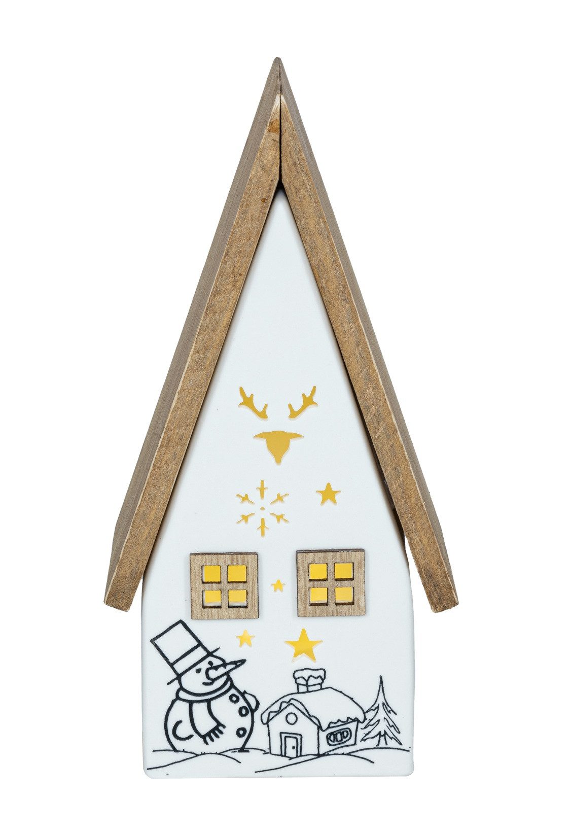 HGD Dekoobjekt LED-Haus mit Holzelementen - aus Keramik - mit Timerfunktion, Ideal für Fensterbank, Wohnzimmer oder weihnachtliche Arrangements