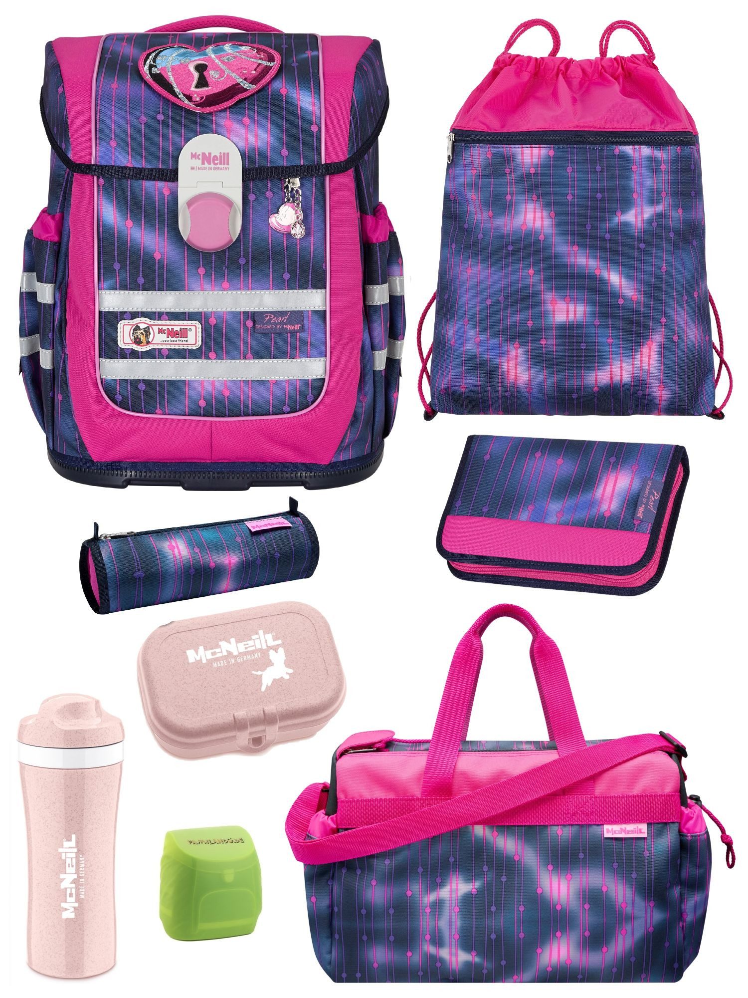 McNeill Schulranzen Ergo Complete "Pearl" Mädchen Schultasche Lila Pink ab der 1. Klasse (Set, 9-tlg., inkl. Federmäppchen und Sporttasche), ergonomisch, mit Brustgurt, verstellbar - wächst mit dem Kind mit