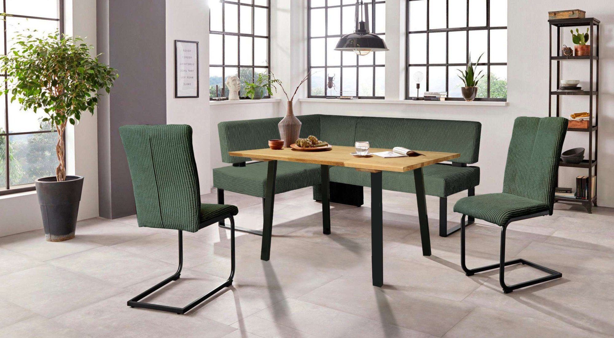 OTTO home Eckbankgruppe Oliver, (Set, 4-tlg., 4-tlg), Eckbank mit Wellenunterfederung im Sitz, Tisch Massiv Eiche