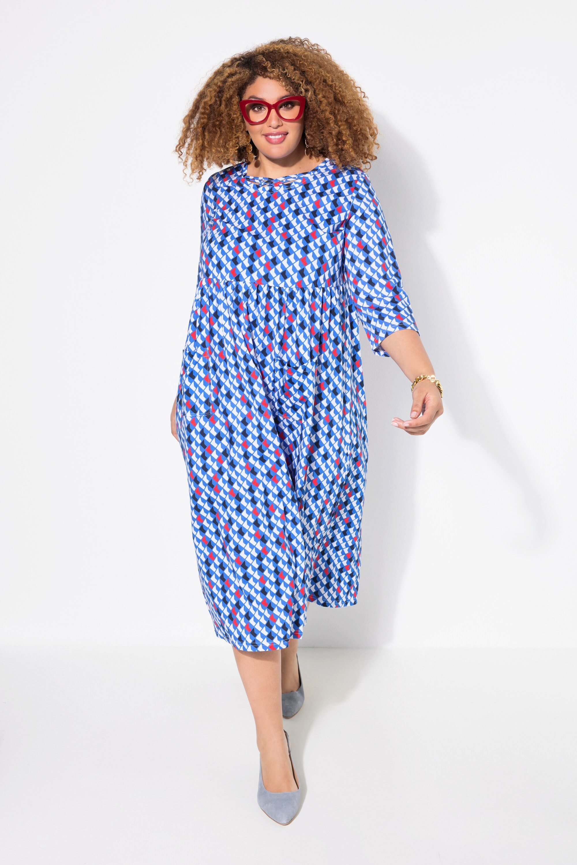 Ulla Popken Maxikleid Jerseykleid Zierbänder A-Linie Rundhals 3/4-Arm