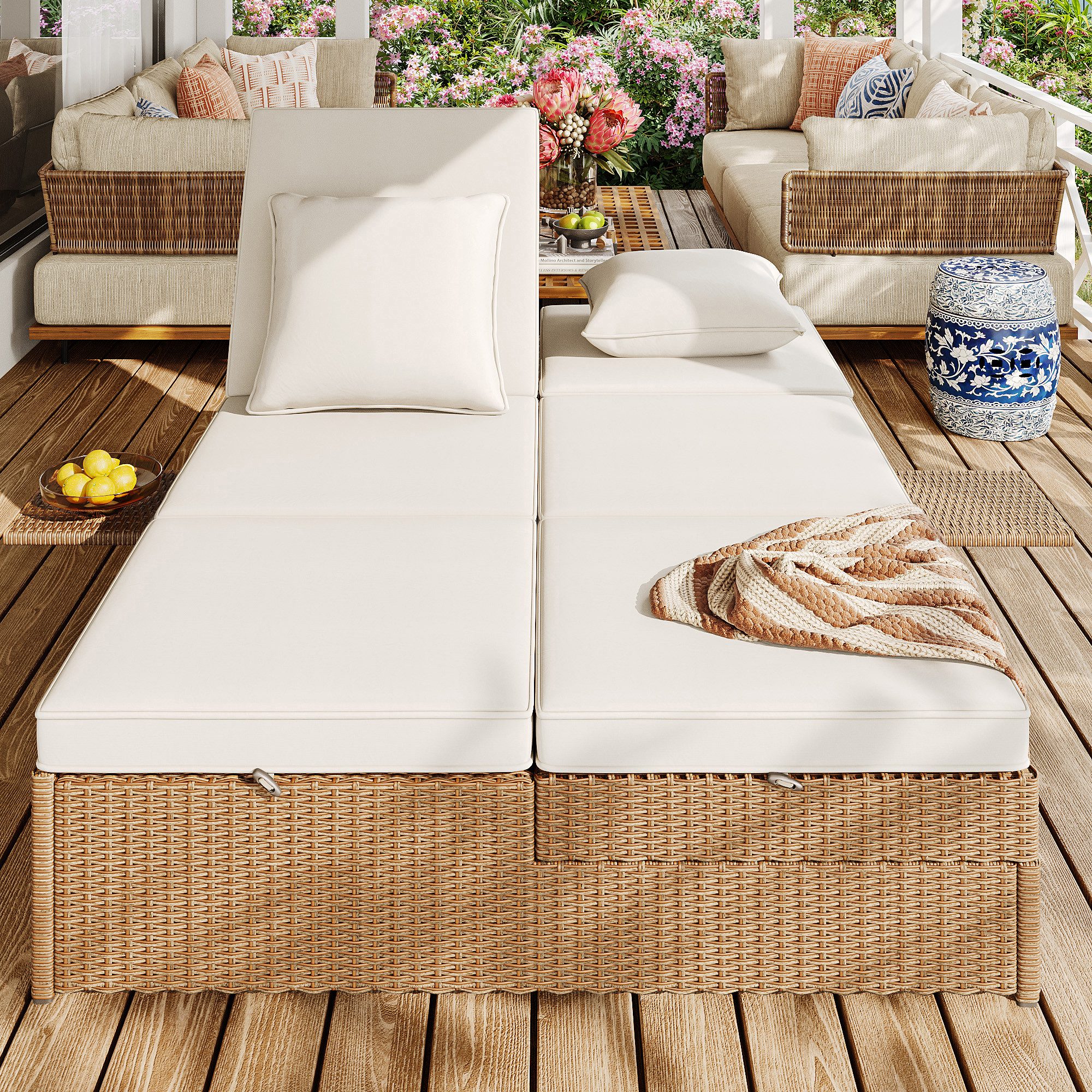 Flieks Gartenliege, Outdoor Rattan klappbare Doppelliege Gartenmöbel Balkonset mit Regal