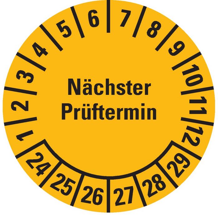 König Werbeanlagen Hinweisschild Prüfplakette Nächster Prüftermin 24-29 gelb Dokumentenfolie Ø 35mm 10/Bogen