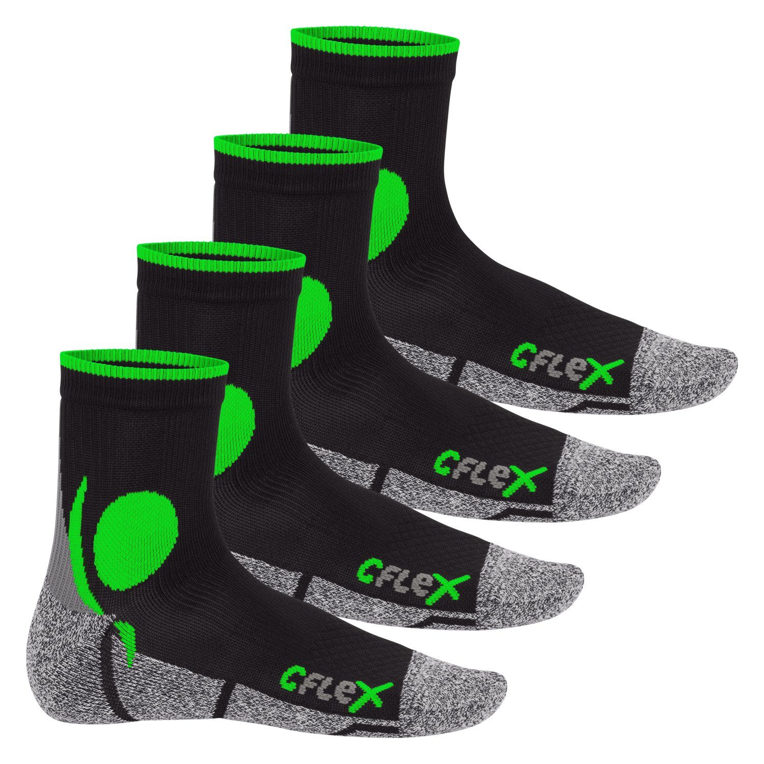 CFLEX Sportsocken Damen und Herren Running Funktions-Socken (4 Paar) Laufsocken Schwarz/Grün | Sportsocken