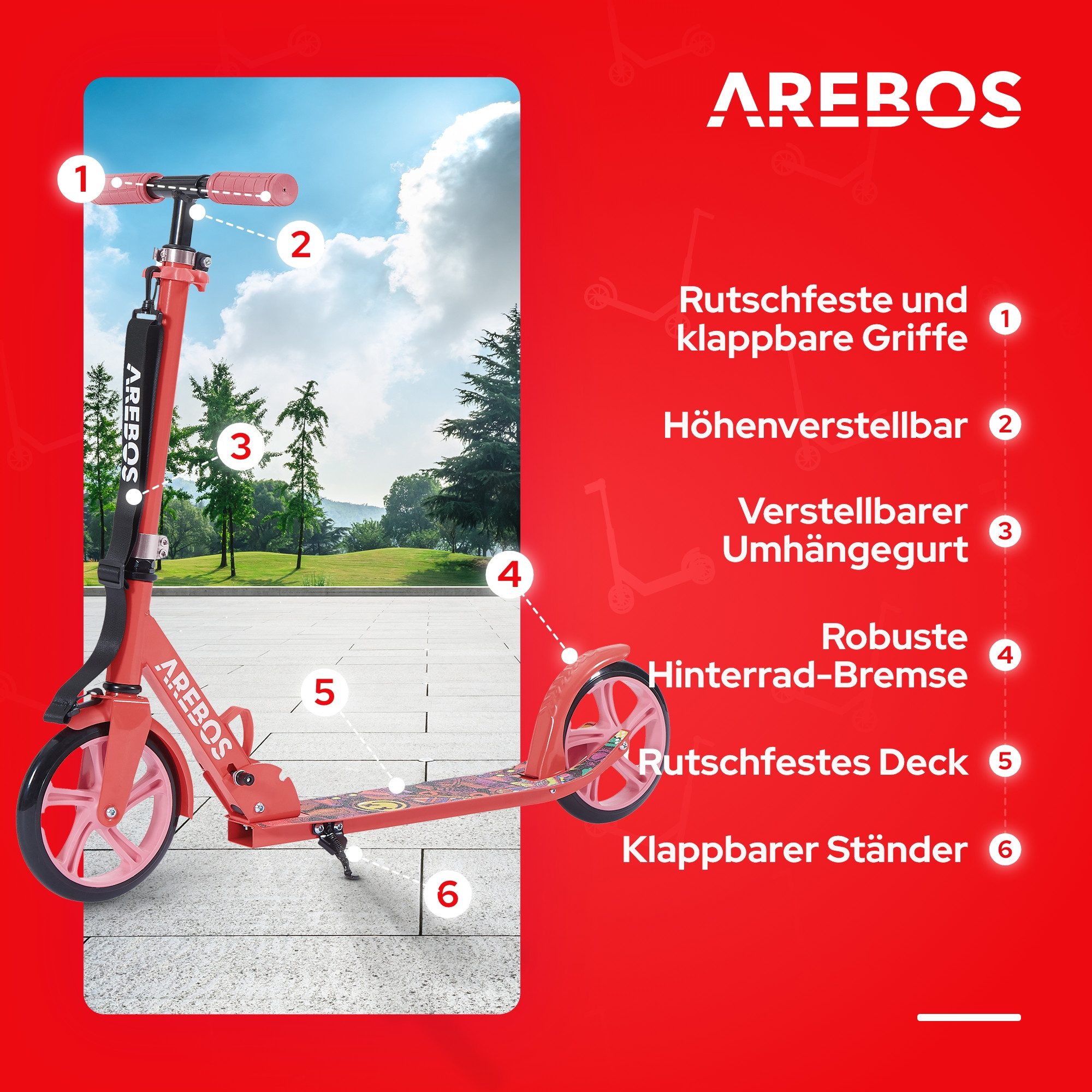 Arebos Tretroller klappbar höhenverstellbar 78–93 cm, ab 6 Jahre, 100 kg, 0 W, Fahrspaß überall: ideal für Schule, Freizeit oder kurze Wege