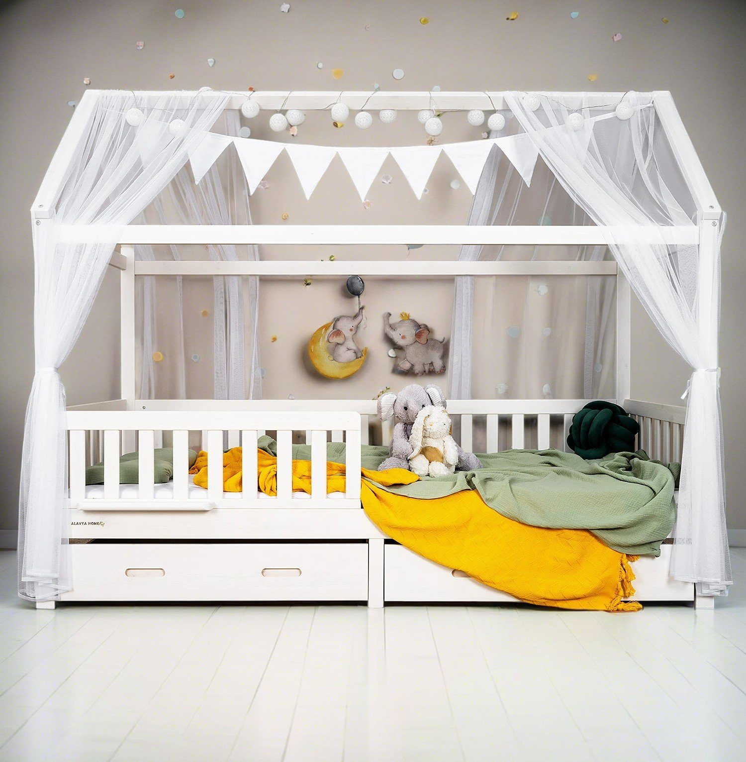 Alavya Home® Betthimmel HAUSBETT DEKO SET für Kinderbett 80x160 I 90x200 I Befristetes Angebot (KOMPLETT SET), Himmelbett Kinderbett Mädchenbett Dekoset 4 teilig für Kinderzimmer Weiß - DEKO SET