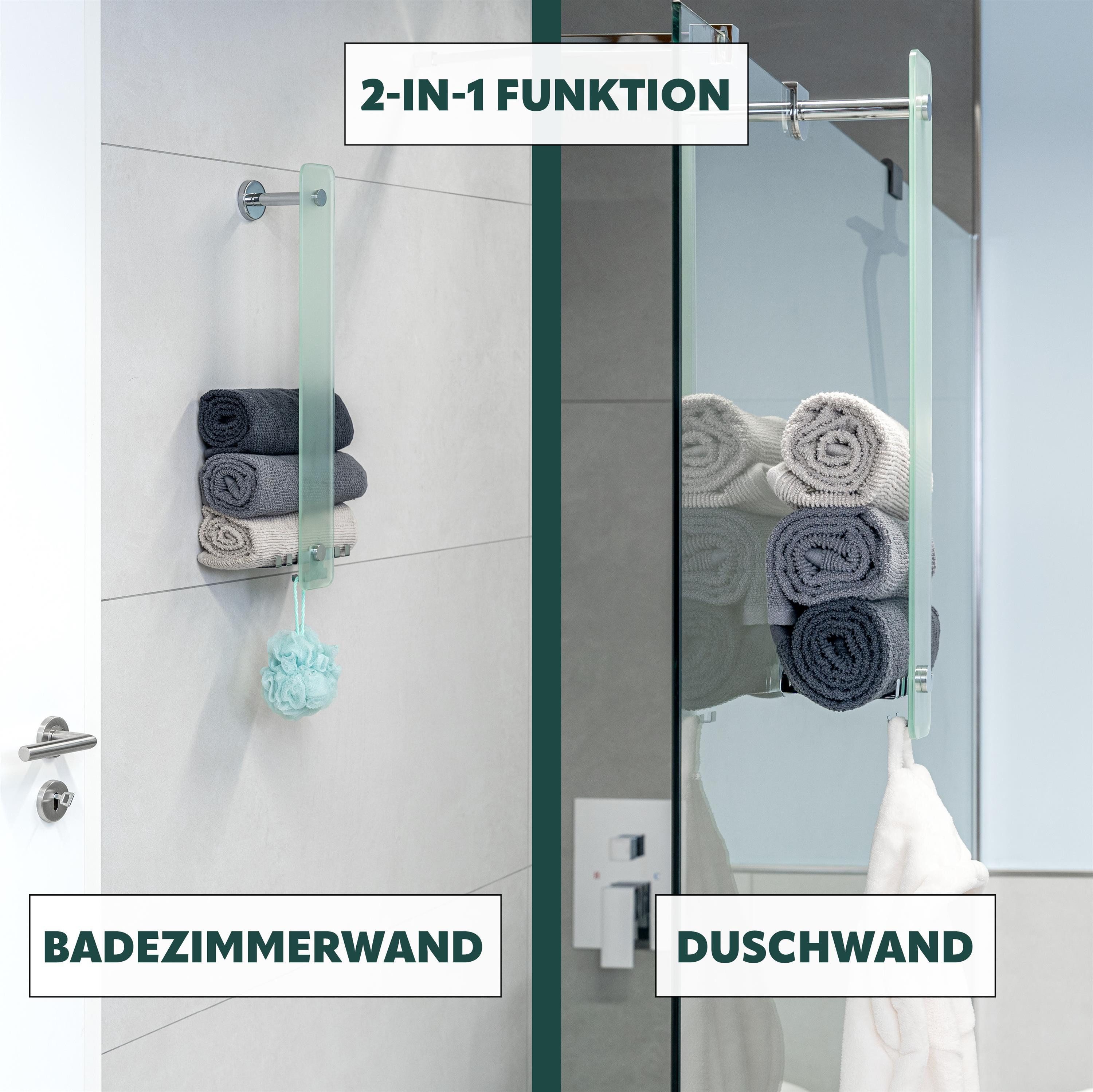 bremermann Handtuchhalter aus Glas und Edelstahl - Bad-Serie LUCENTE - 2in1, zur Wandmontage oder aufgesteckt auf Duschkabinen