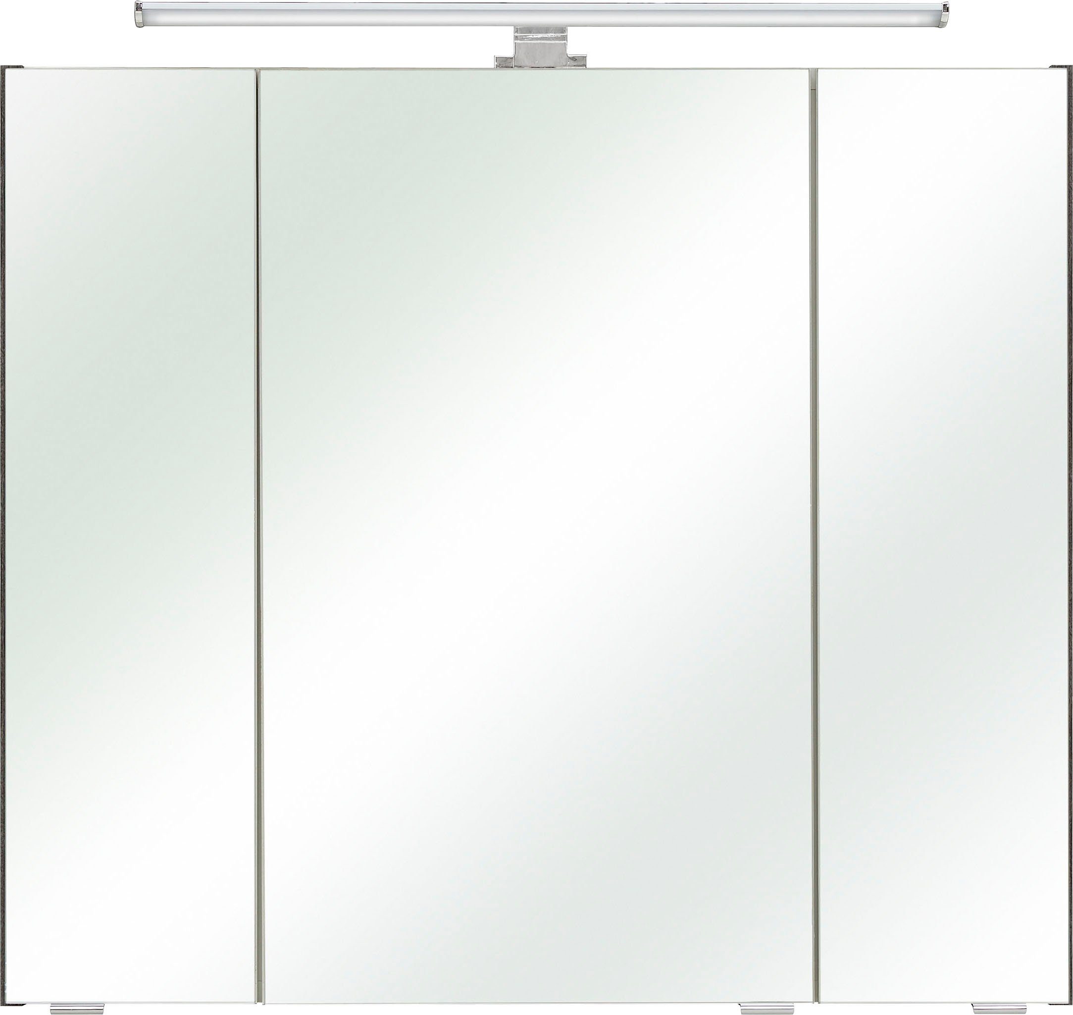 PELIPAL Spiegelschrank Quickset Breite quer Schalter-/Steckdosenbox 80 3-türig, | Graphit Struktur cm, LED-Beleuchtung, Graphit/Graphit