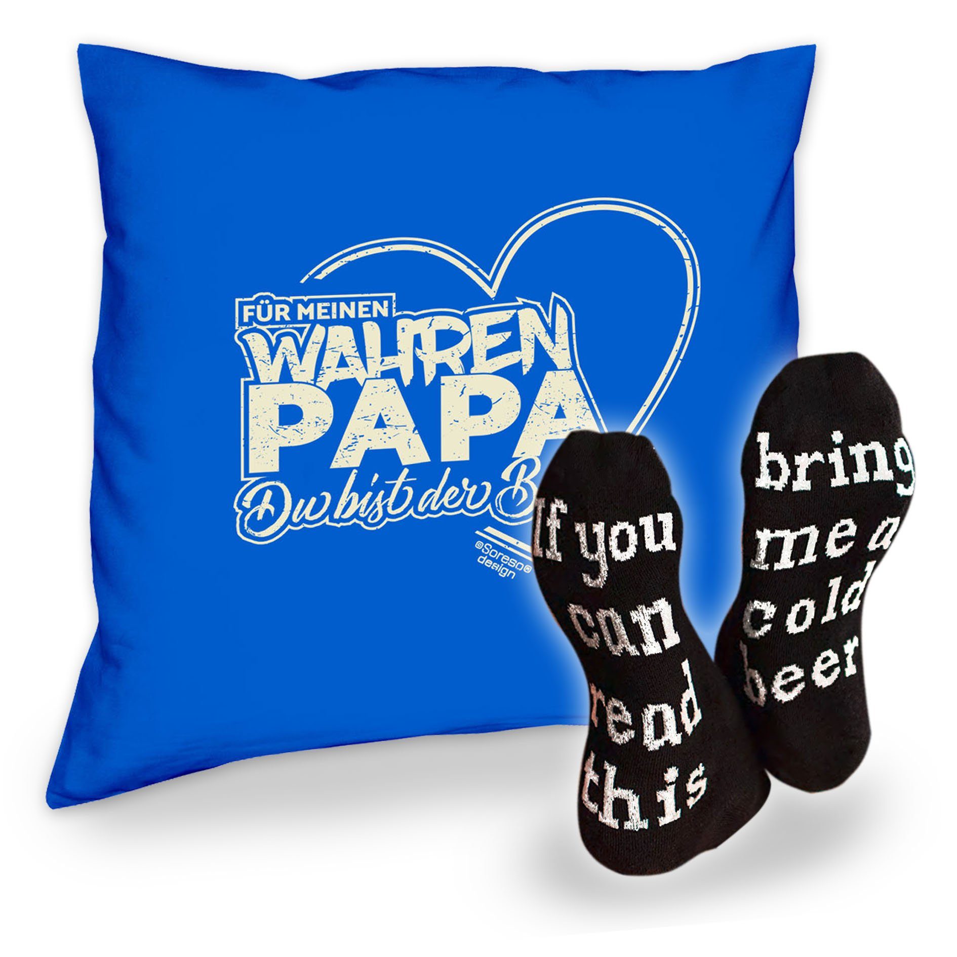Soreso® Dekokissen Kissen Für meinen wahren Papa und Socken mit Bier Spruch, Vatertagsgeschenk Papa Männer royal-blau