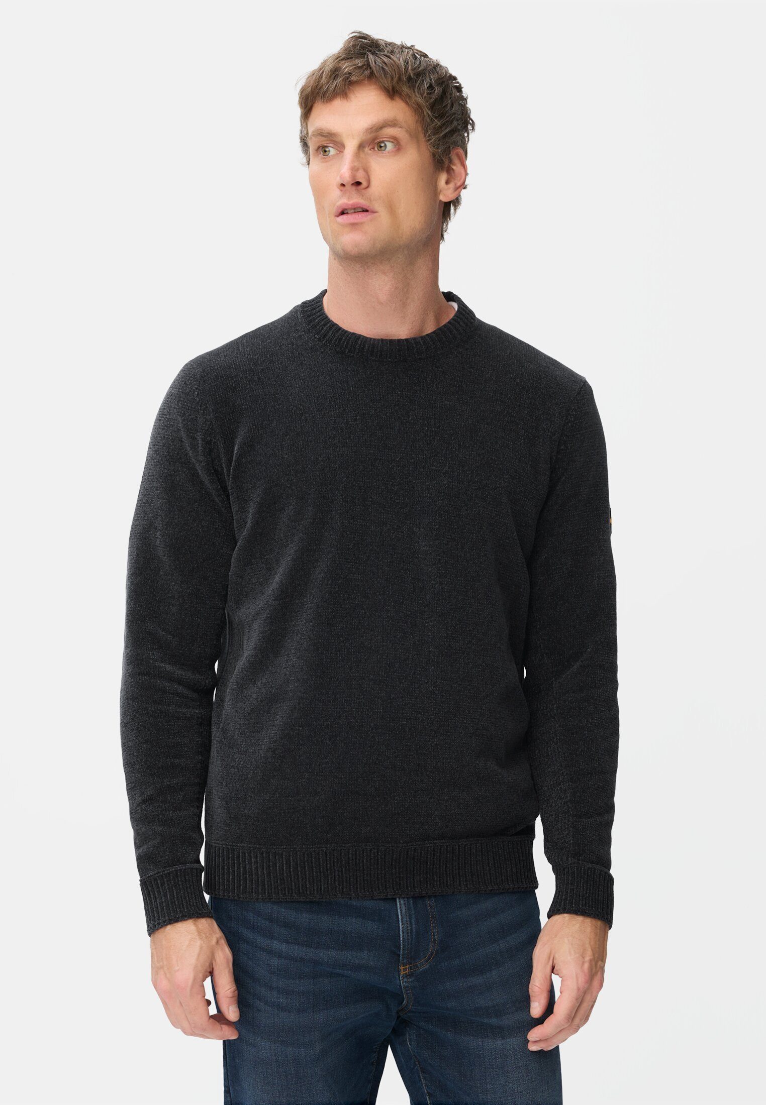 camel active Strickpullover mit seitlichem Strick-Einsatz Langarm Markenlogo