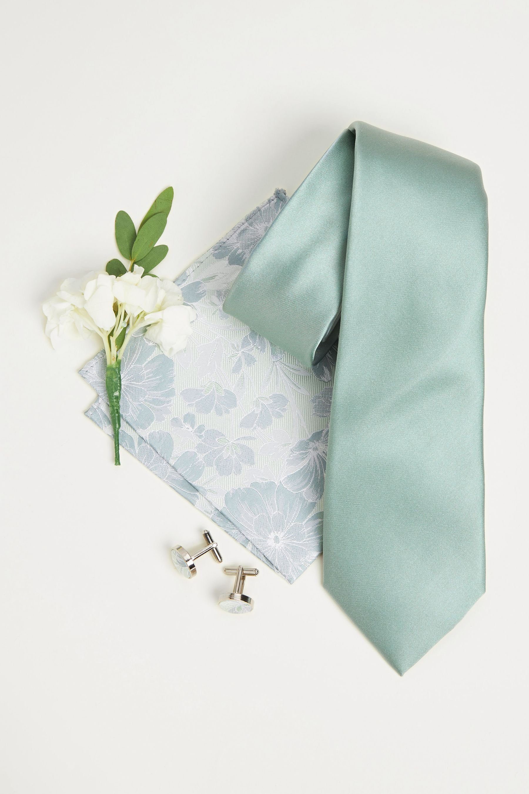 Next Krawatte Krawatte, Einstecktuch und Manschettenknöpfe (3-St) Sage Green