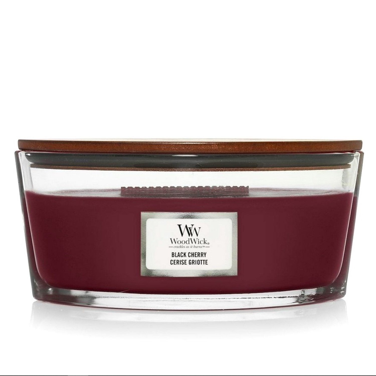 Woodwick Duftkerze Black Cherry im Ellipse Glas mit Holzdeckel, 453g, süßer Duft von saftigen schwarzen Kirschen