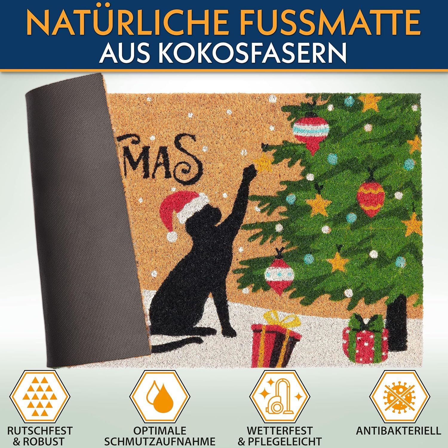 BRUBAKER Fußmatte 45 x 75 cm - Katze spielt mit Weihnachtskugel - Schmutzfa günstig online kaufen