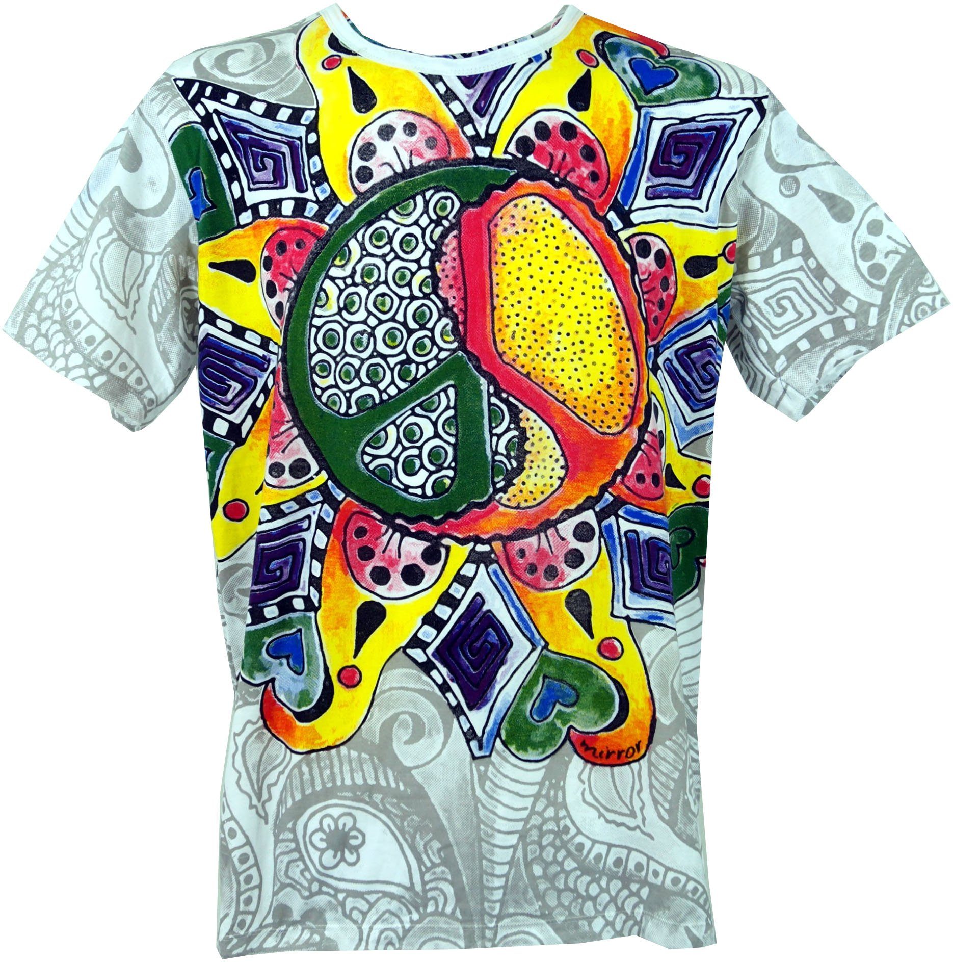Guru-Shop T-Shirt Mirror T-Shirt - Peace 1 weiß/bunt Goa Style, Festival, alternative Bekleidung