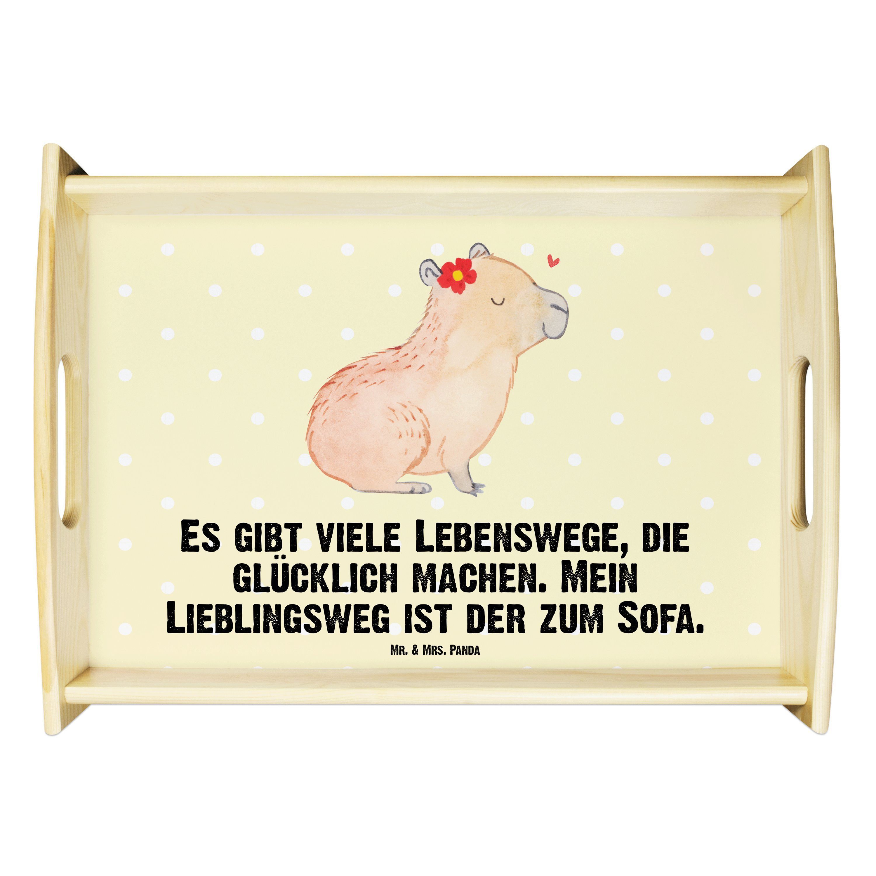 Mr. & Mrs. Panda Tablett Capybara Blume - Gelb Pastell - Geschenk, Tiere, Küchentablett, Frühs, Echtholz lasiert, (1-tlg)